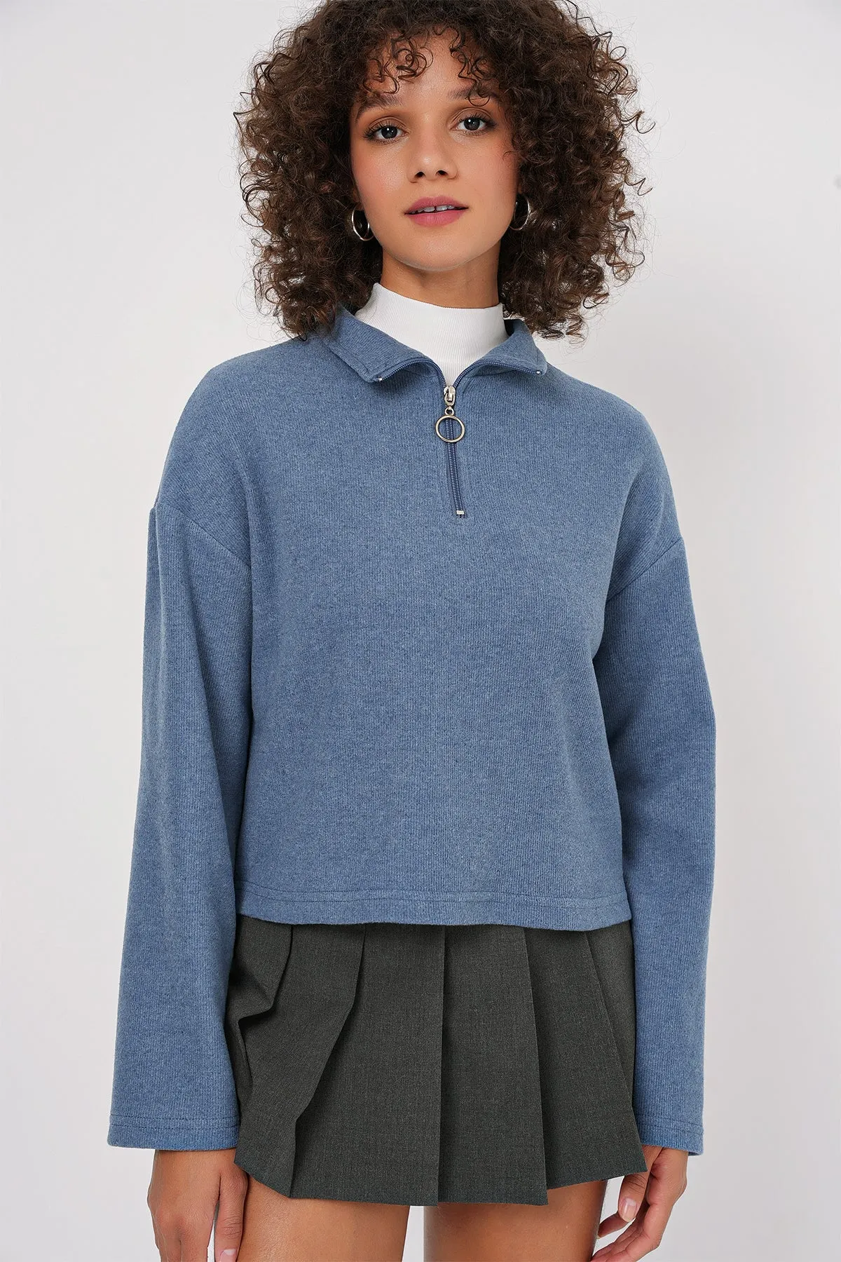 55449 fermuarli yaka örme sweatshirt