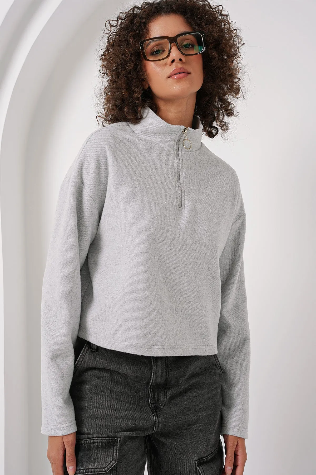 55449 fermuarli yaka örme sweatshirt