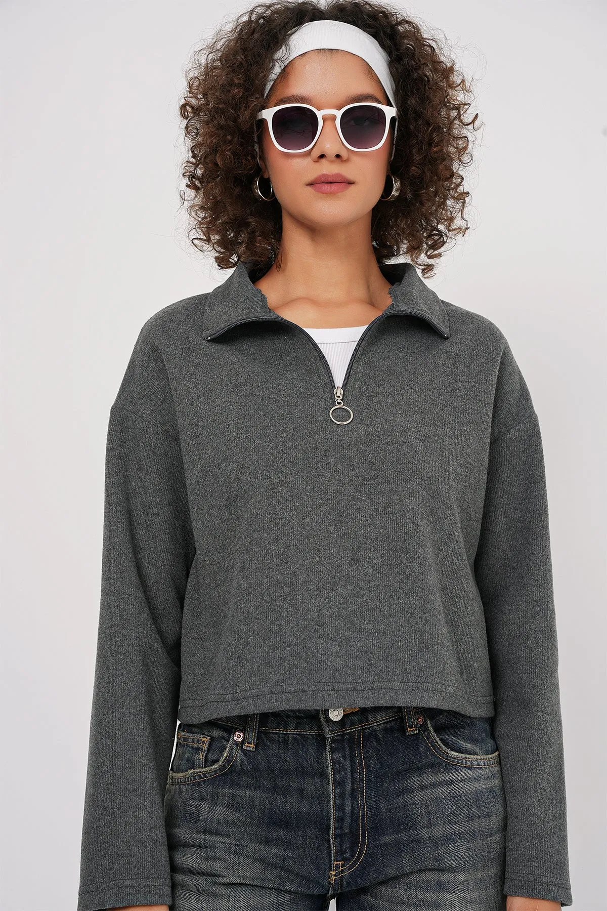 55449 fermuarli yaka örme sweatshirt