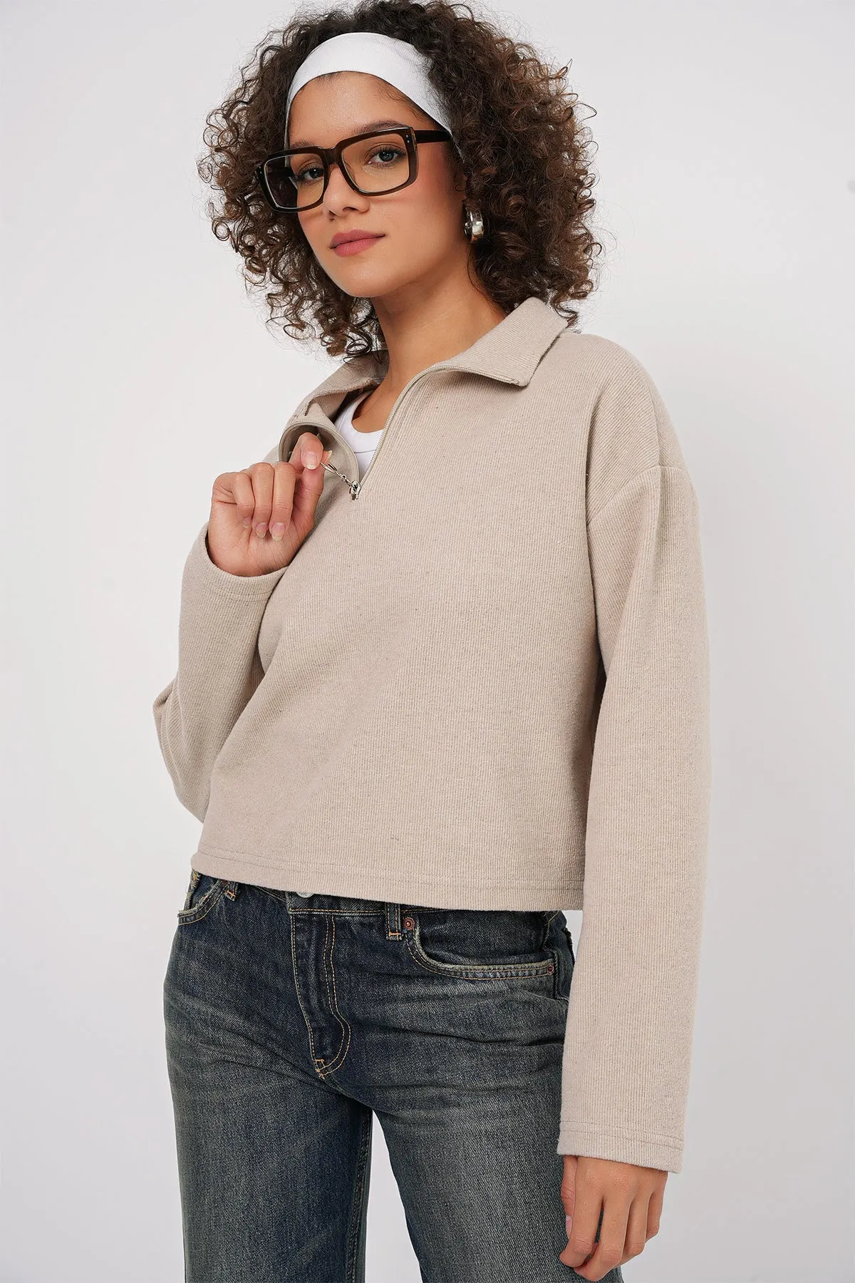 55449 fermuarli yaka örme sweatshirt