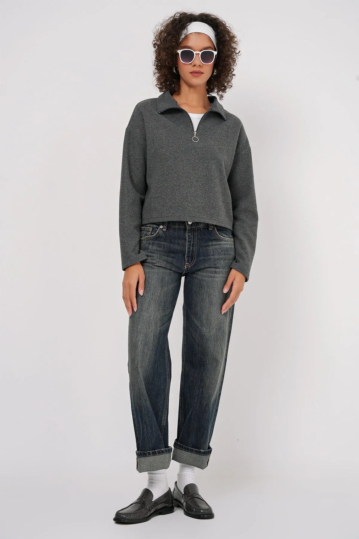 55449 fermuarli yaka örme sweatshirt