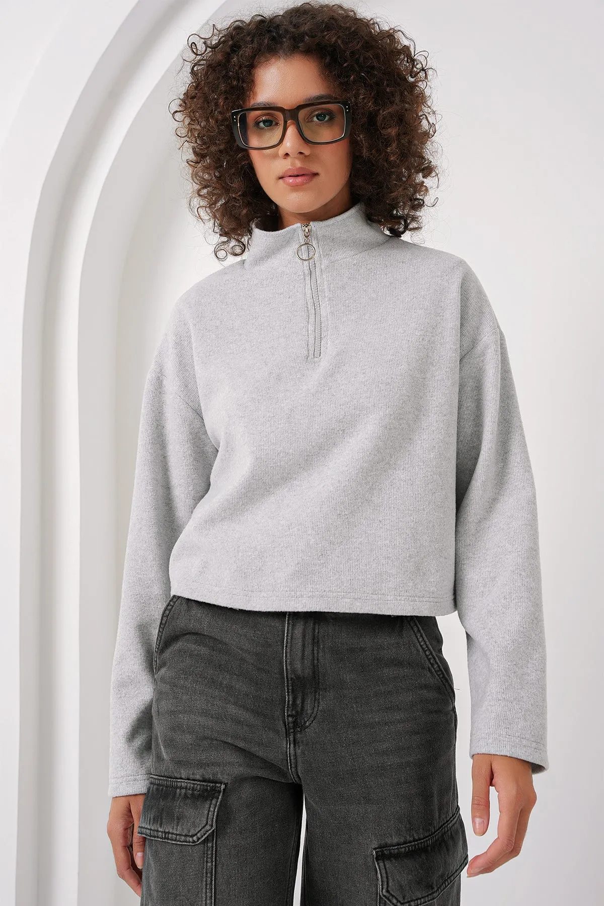 55449 fermuarli yaka örme sweatshirt