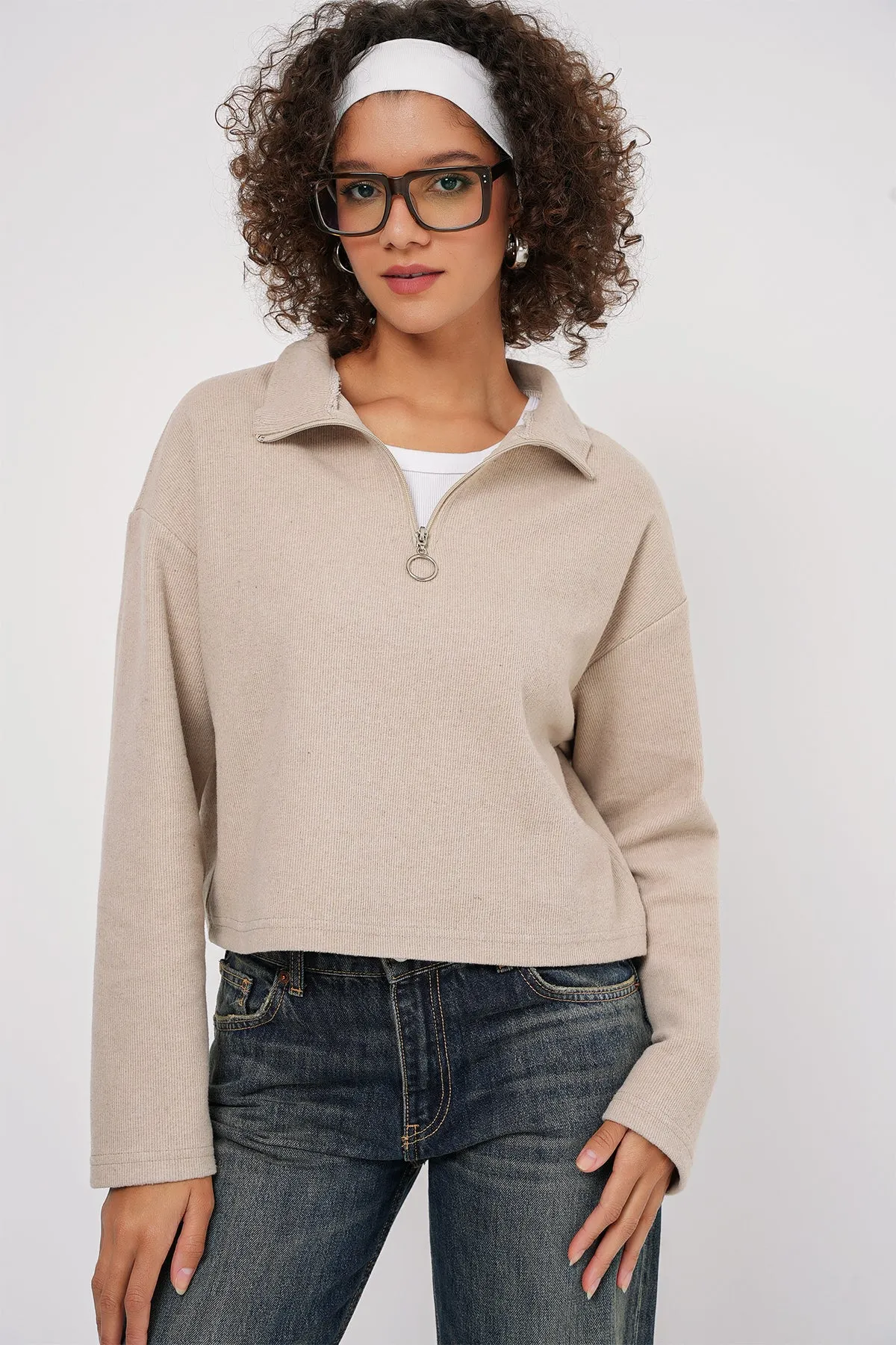 55449 fermuarli yaka örme sweatshirt