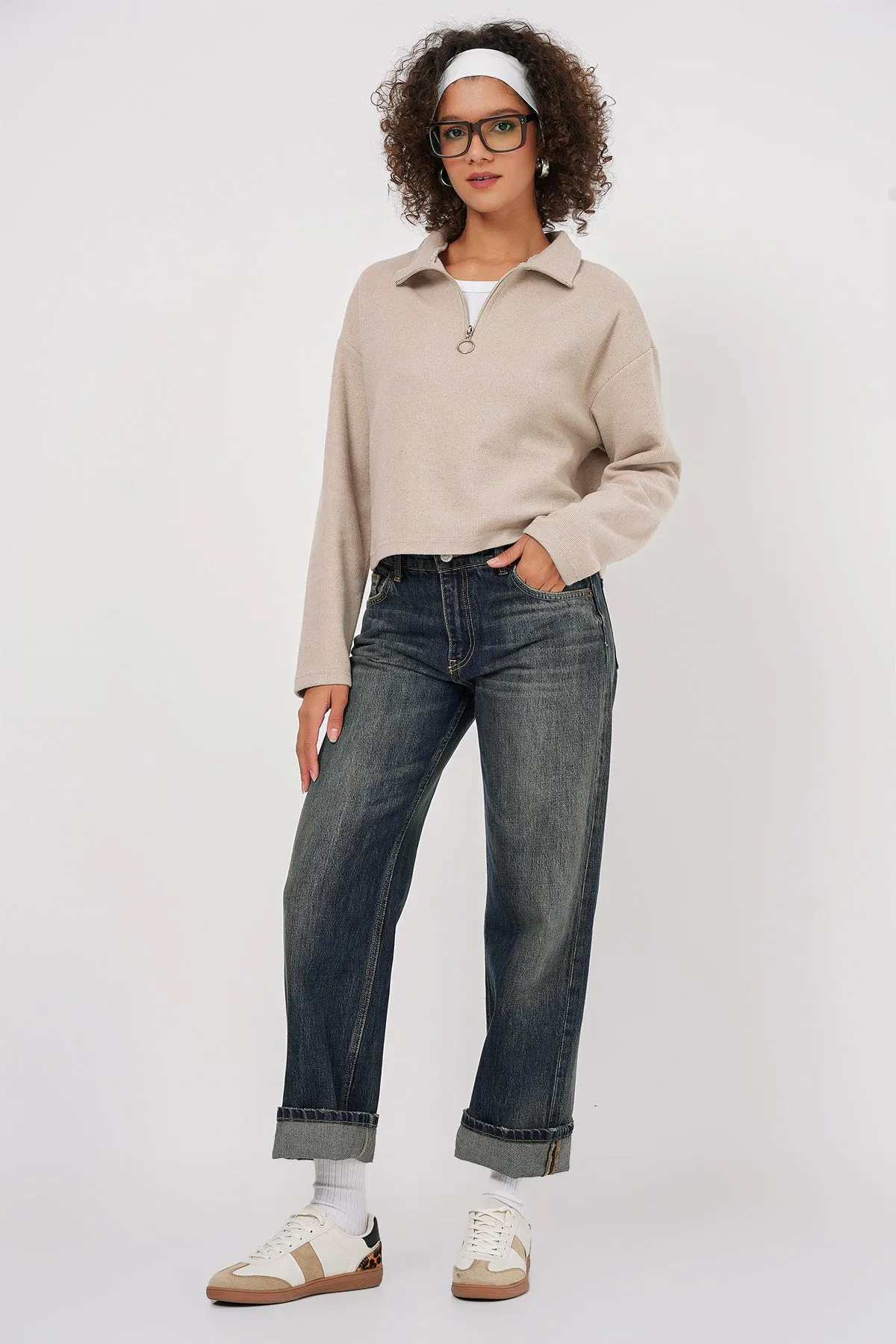 55449 fermuarli yaka örme sweatshirt