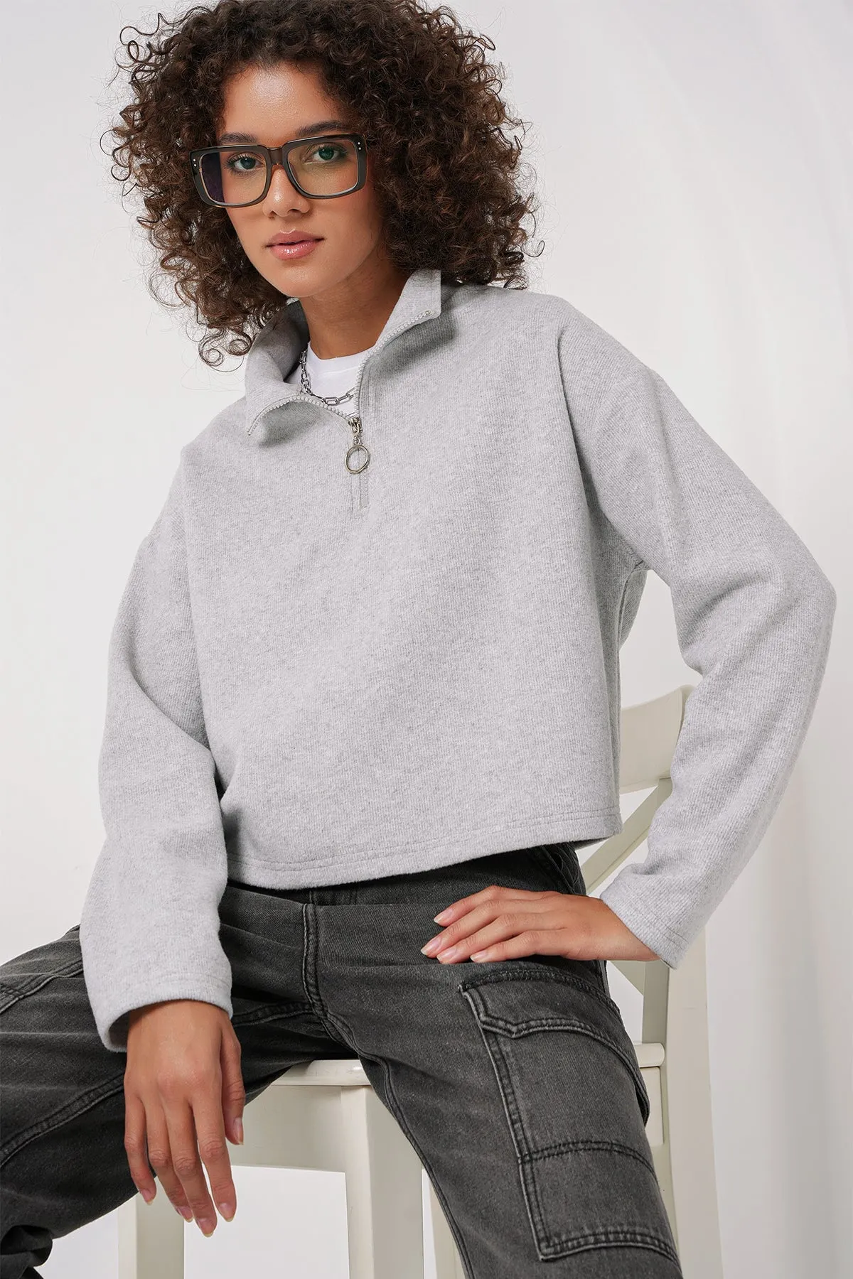 55449 fermuarli yaka örme sweatshirt