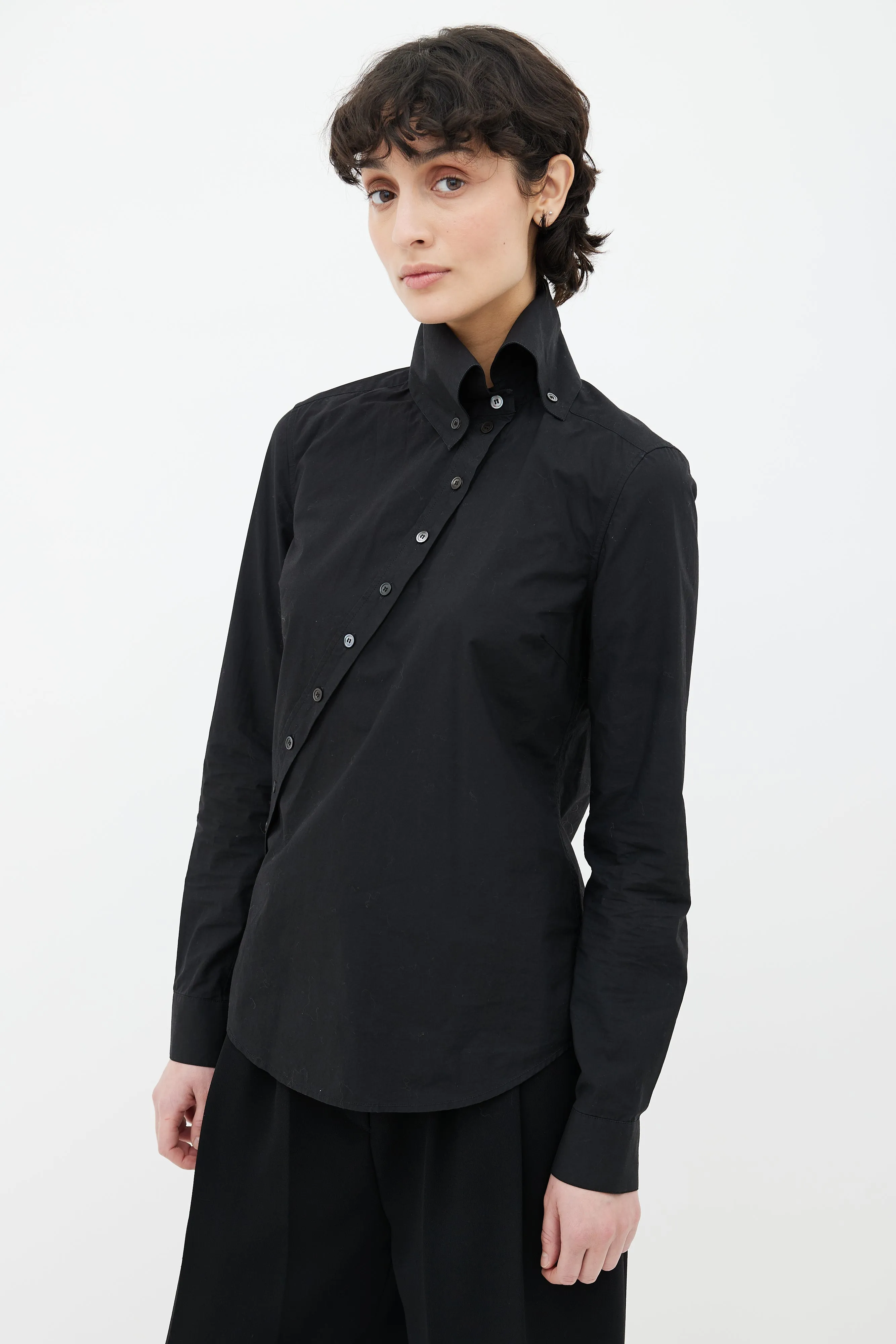 Black Cotton Asymmetrical Button-Up Shirt