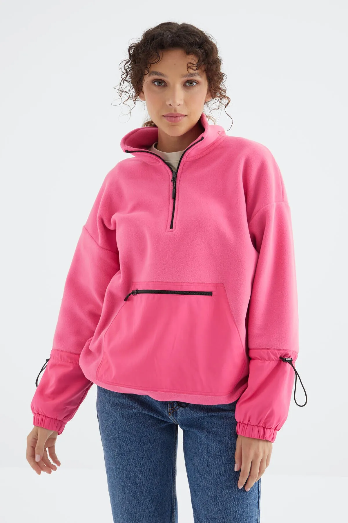 etek ucu büzgülü yarim fermuarli oversize kadin polar sweatshirt - 97238
