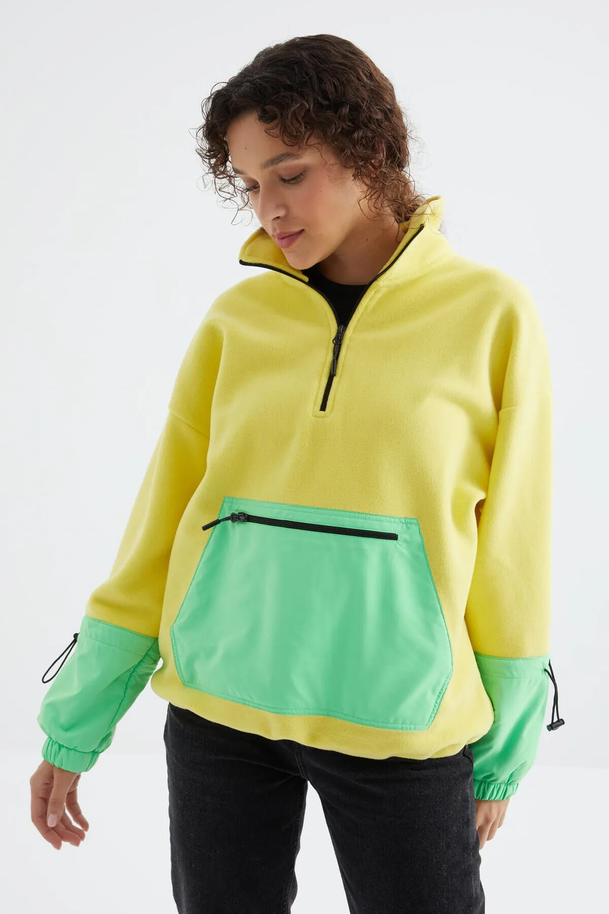 etek ucu büzgülü yarim fermuarli oversize kadin polar sweatshirt - 97238
