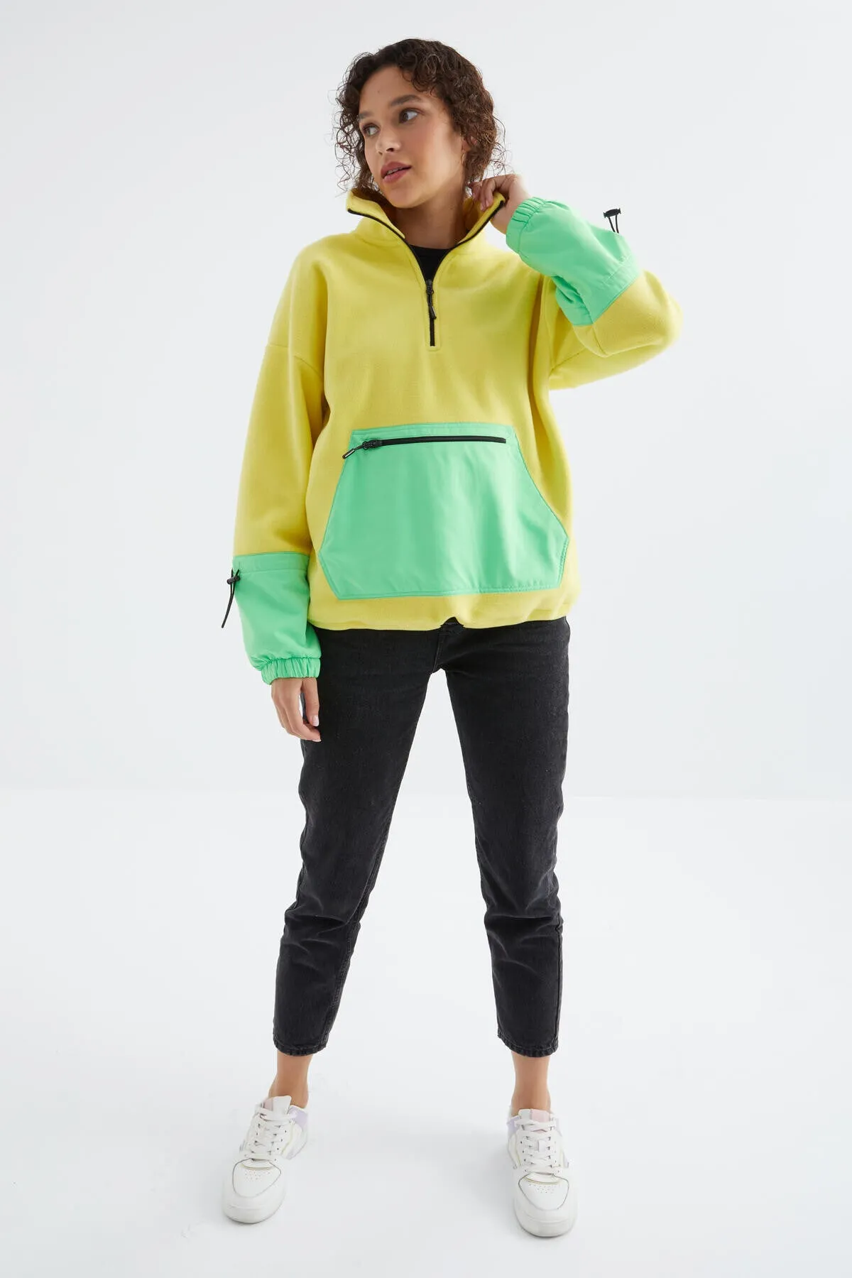 etek ucu büzgülü yarim fermuarli oversize kadin polar sweatshirt - 97238