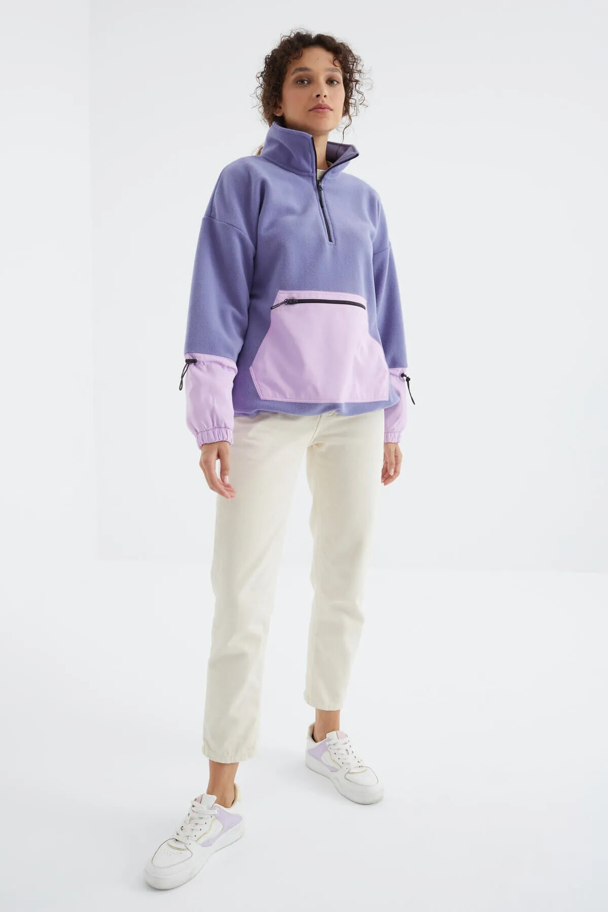 etek ucu büzgülü yarim fermuarli oversize kadin polar sweatshirt - 97238