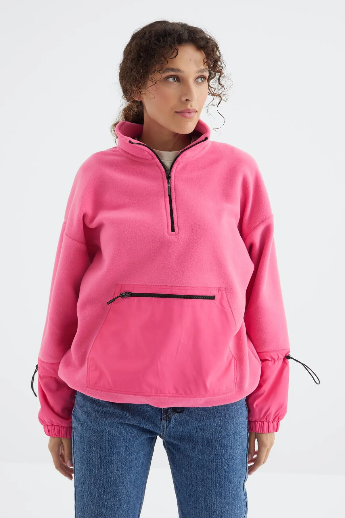 etek ucu büzgülü yarim fermuarli oversize kadin polar sweatshirt - 97238