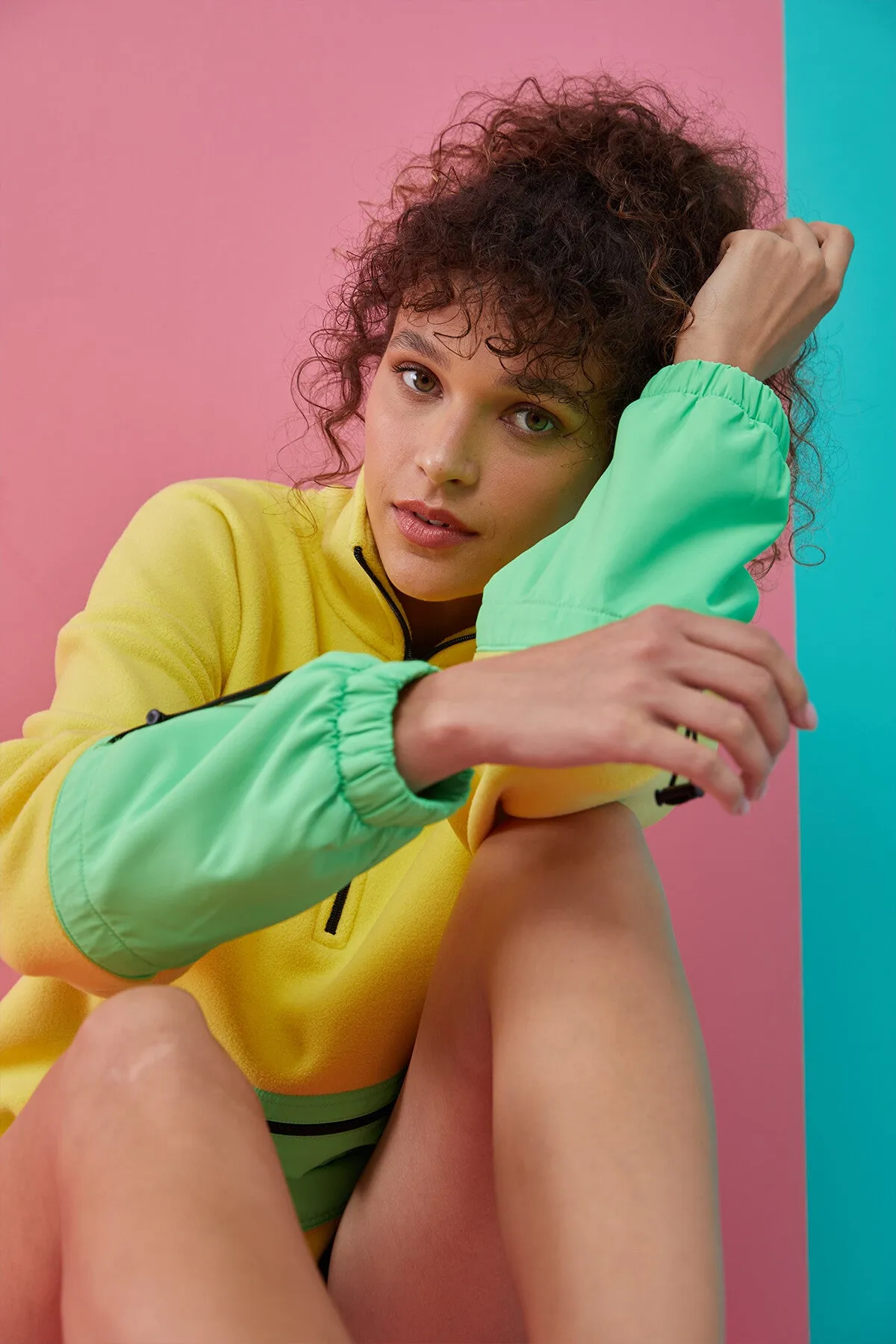 etek ucu büzgülü yarim fermuarli oversize kadin polar sweatshirt - 97238