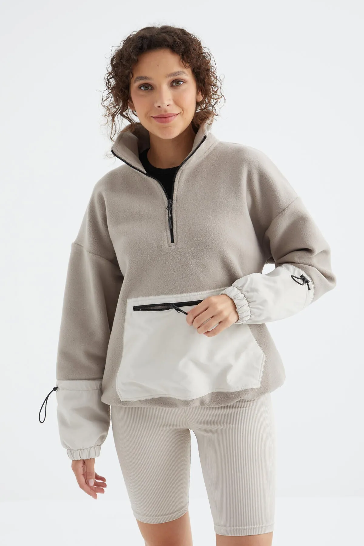 etek ucu büzgülü yarim fermuarli oversize kadin polar sweatshirt - 97238