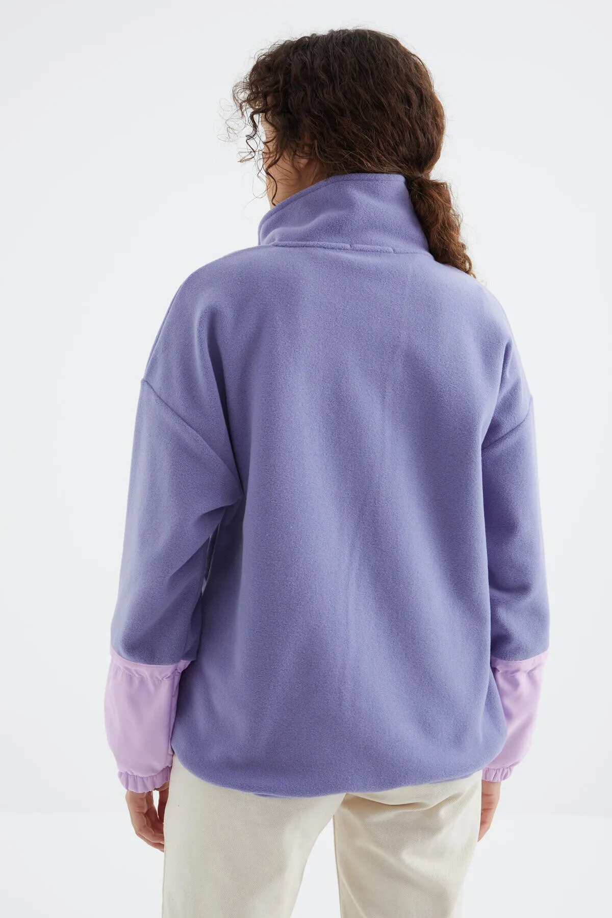 etek ucu büzgülü yarim fermuarli oversize kadin polar sweatshirt - 97238
