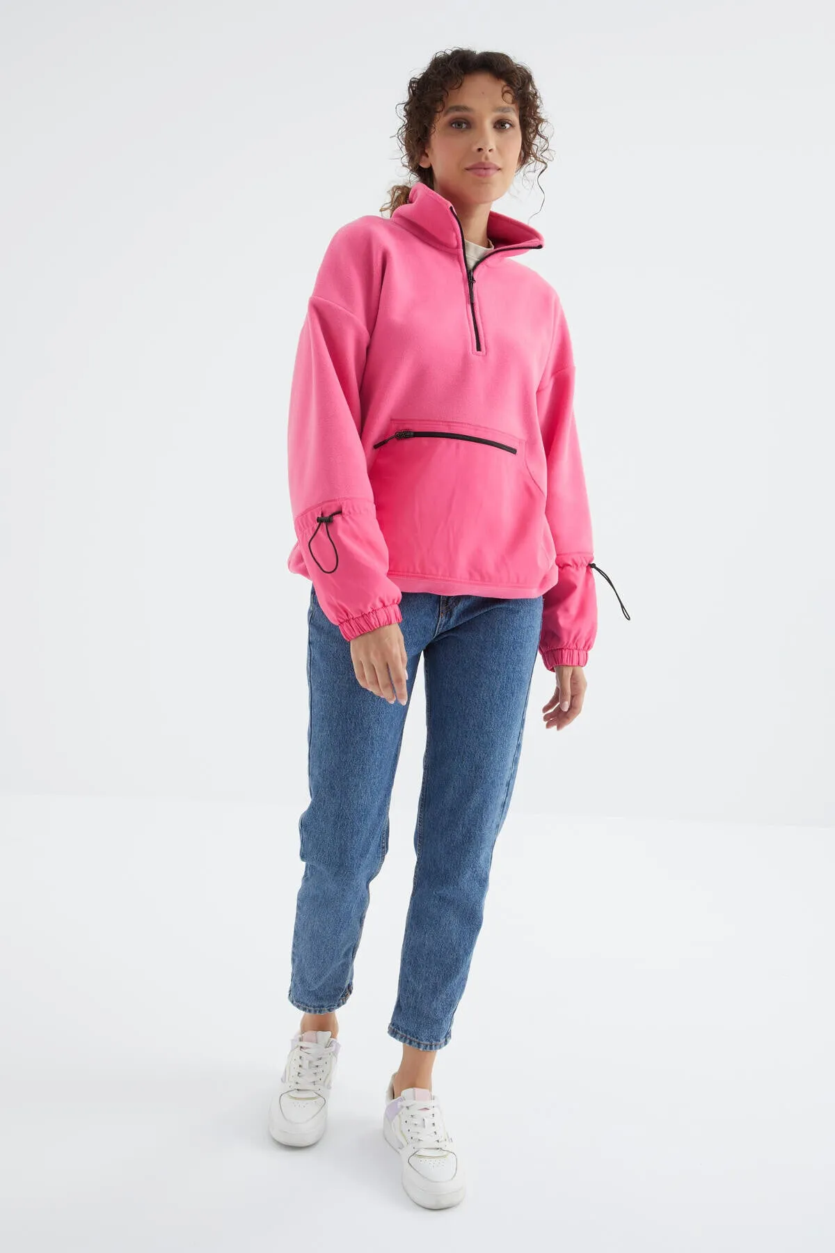 etek ucu büzgülü yarim fermuarli oversize kadin polar sweatshirt - 97238