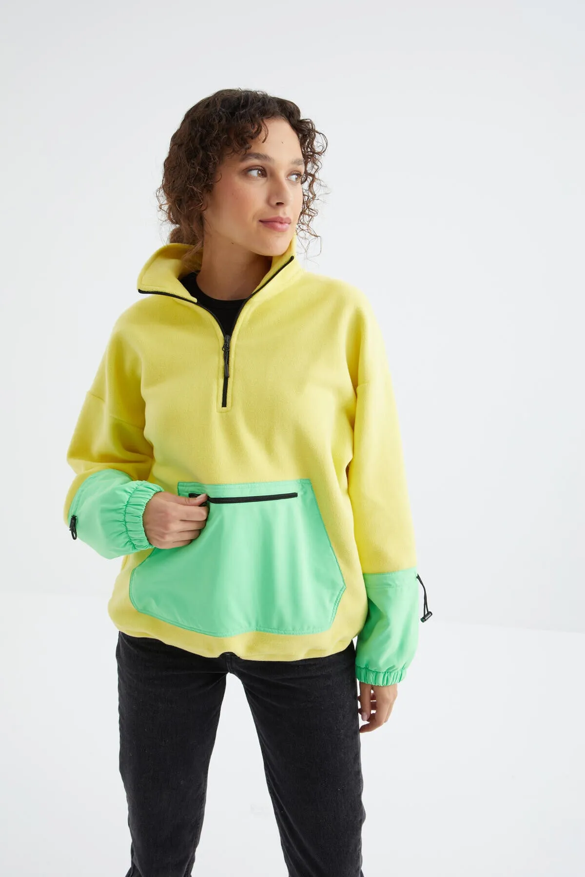 etek ucu büzgülü yarim fermuarli oversize kadin polar sweatshirt - 97238