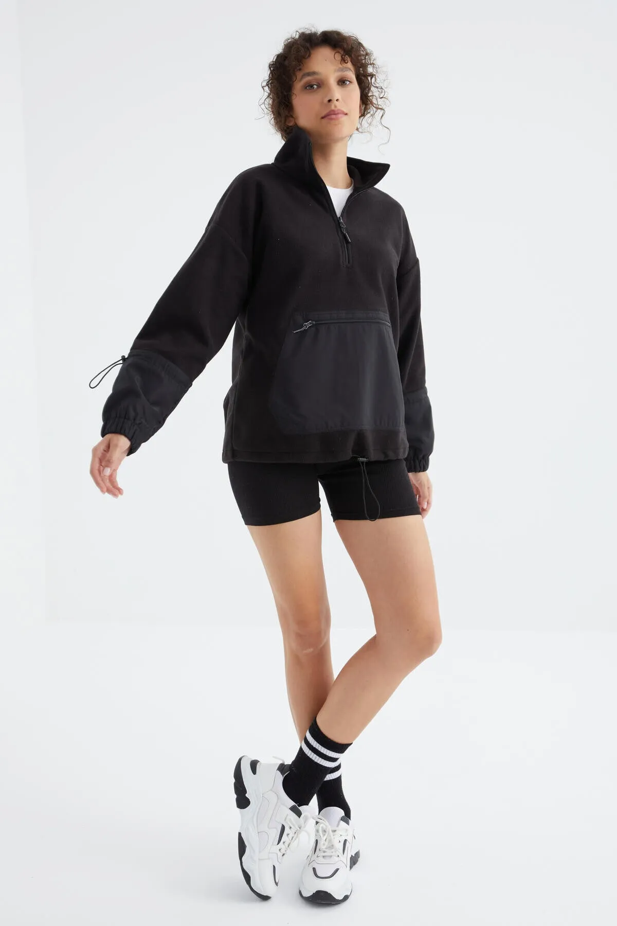 etek ucu büzgülü yarim fermuarli oversize kadin polar sweatshirt - 97238