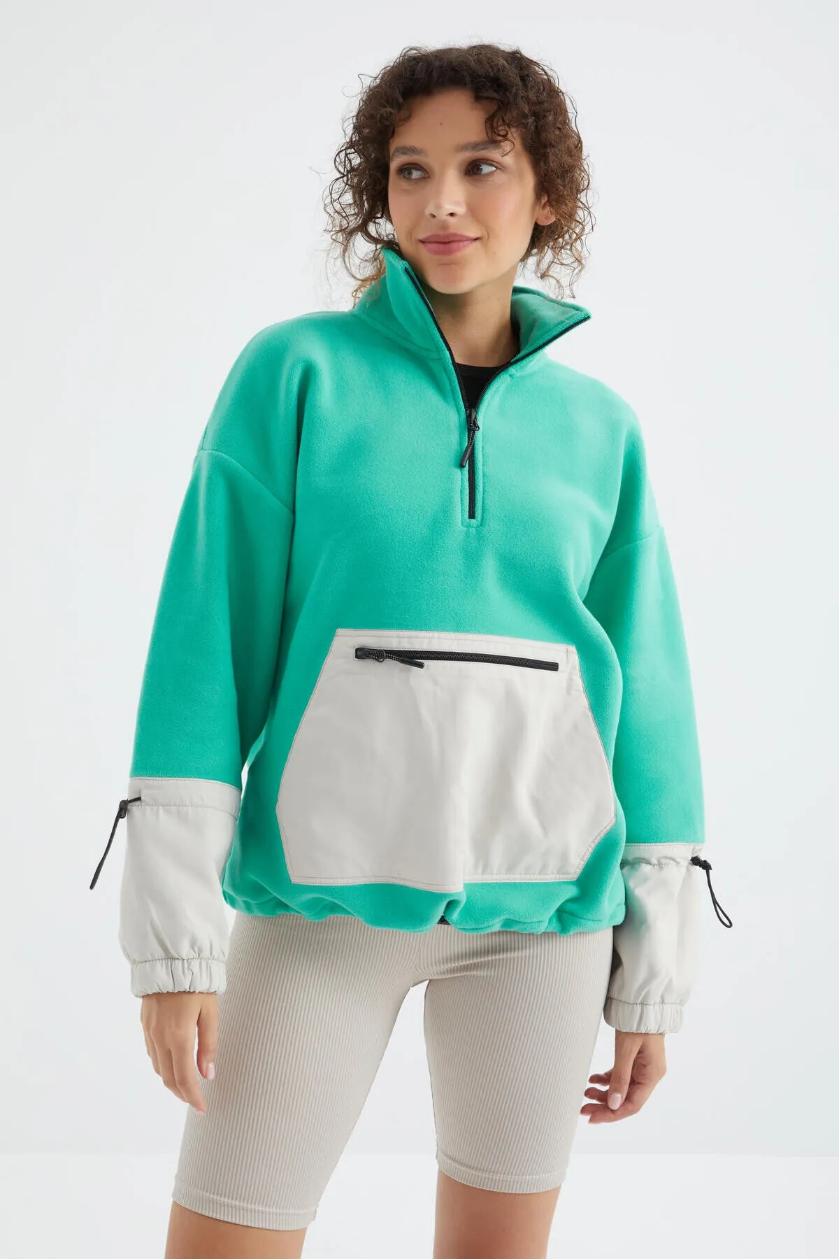 etek ucu büzgülü yarim fermuarli oversize kadin polar sweatshirt - 97238