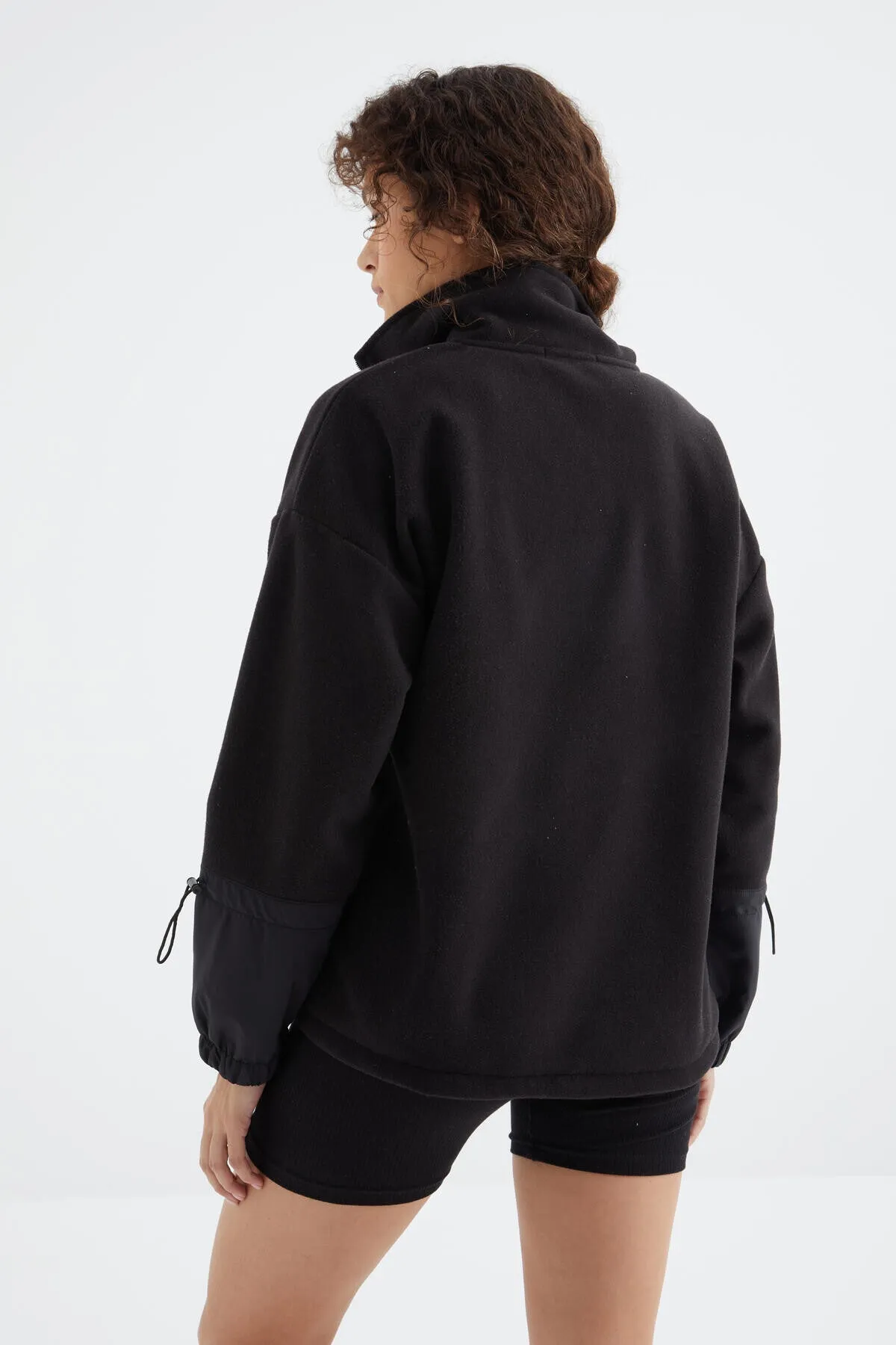 etek ucu büzgülü yarim fermuarli oversize kadin polar sweatshirt - 97238