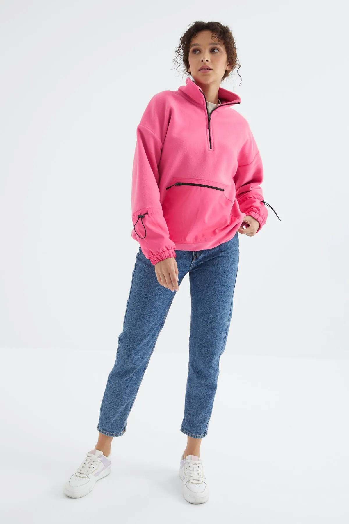 etek ucu büzgülü yarim fermuarli oversize kadin polar sweatshirt - 97238