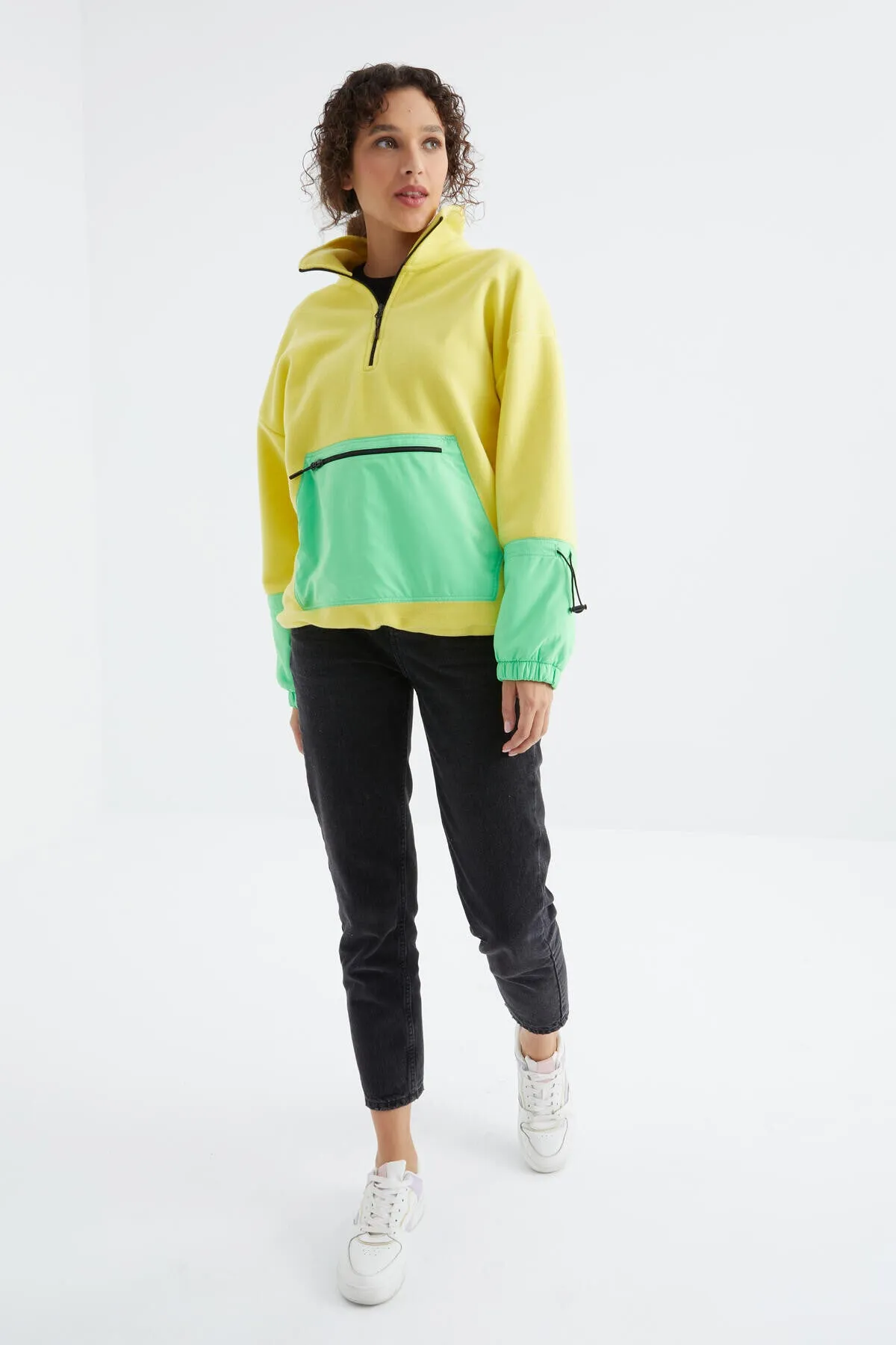 etek ucu büzgülü yarim fermuarli oversize kadin polar sweatshirt - 97238