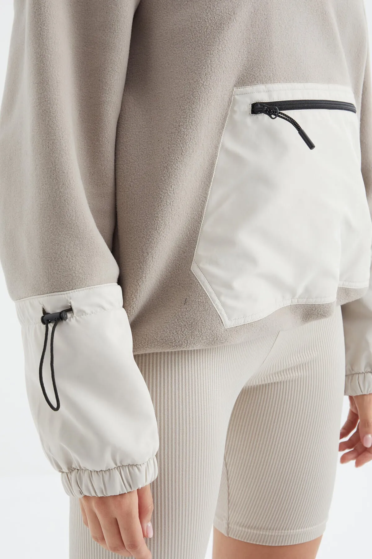 etek ucu büzgülü yarim fermuarli oversize kadin polar sweatshirt - 97238
