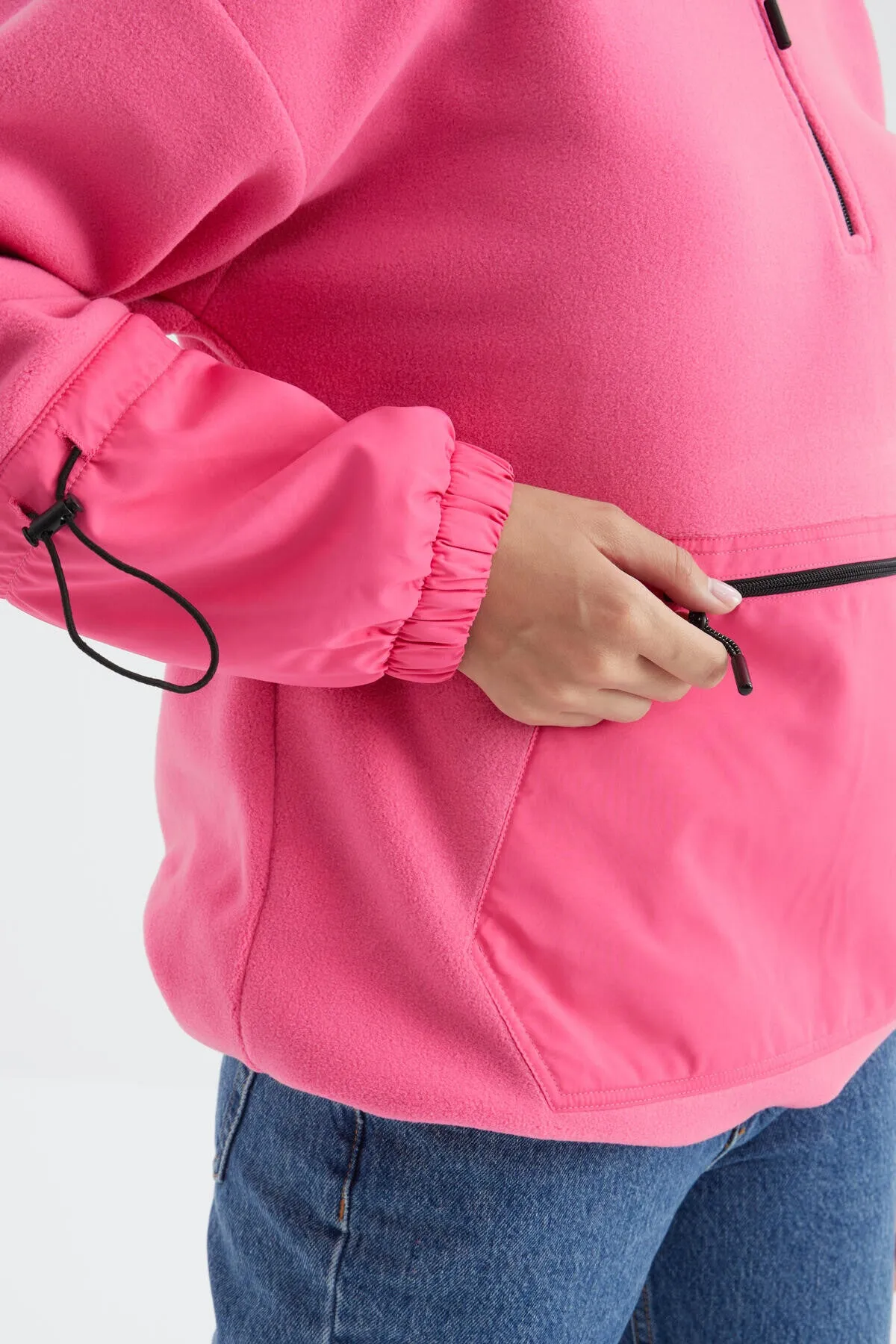 etek ucu büzgülü yarim fermuarli oversize kadin polar sweatshirt - 97238