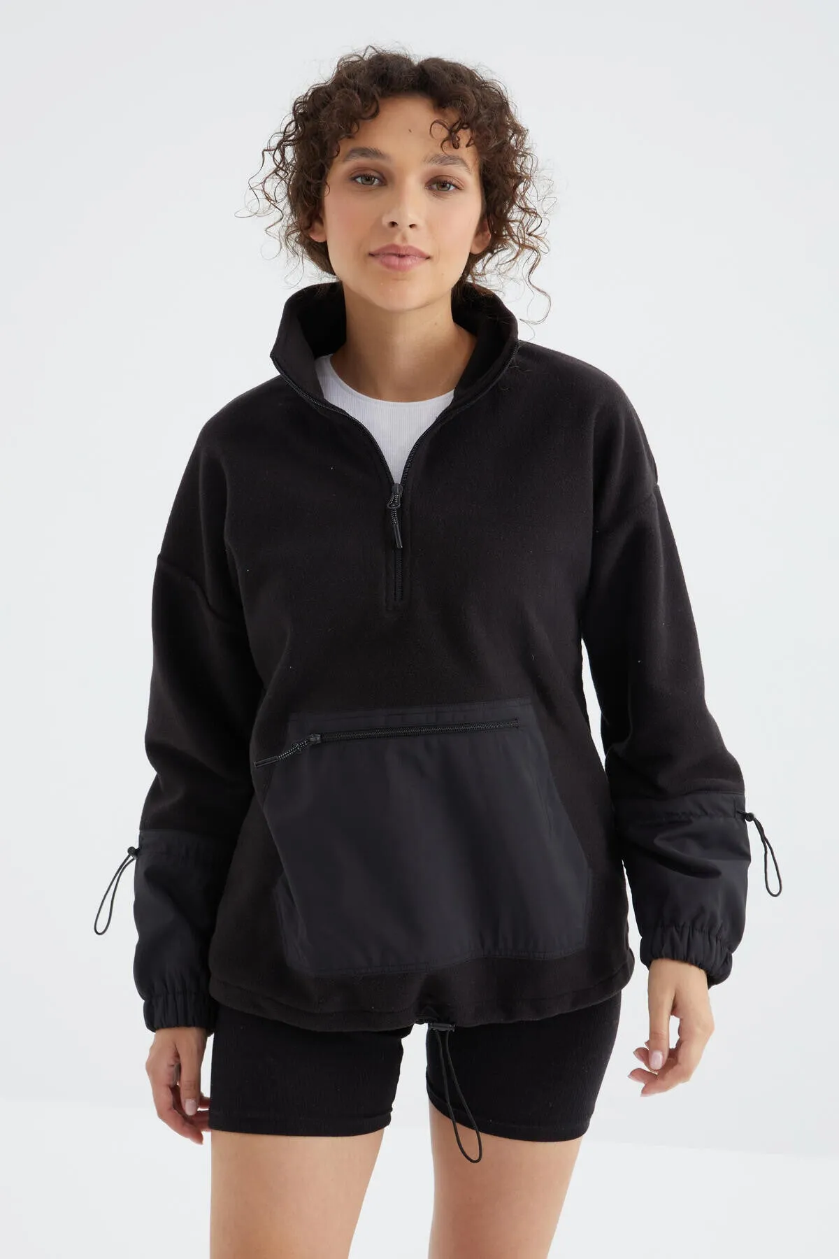 etek ucu büzgülü yarim fermuarli oversize kadin polar sweatshirt - 97238