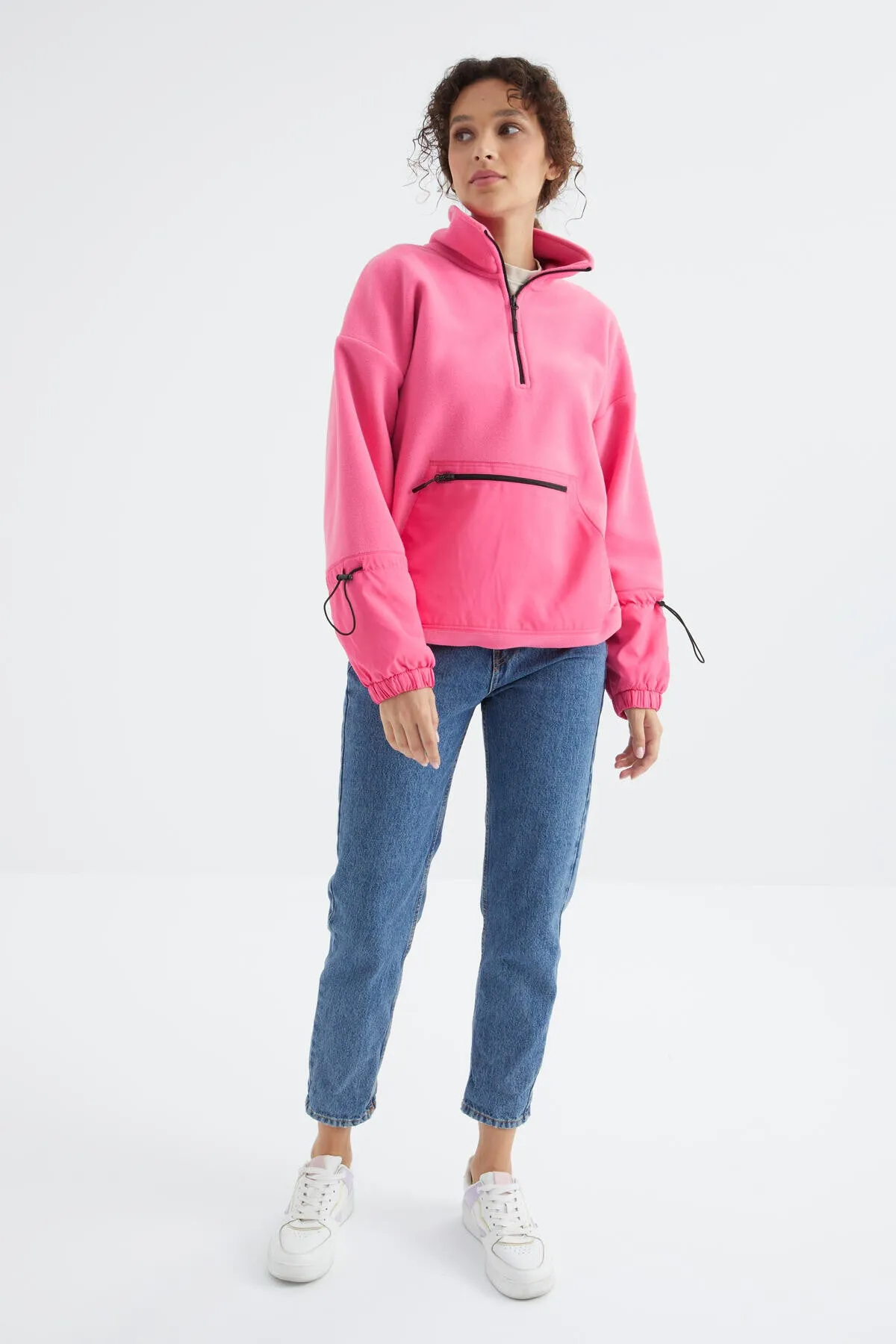etek ucu büzgülü yarim fermuarli oversize kadin polar sweatshirt - 97238
