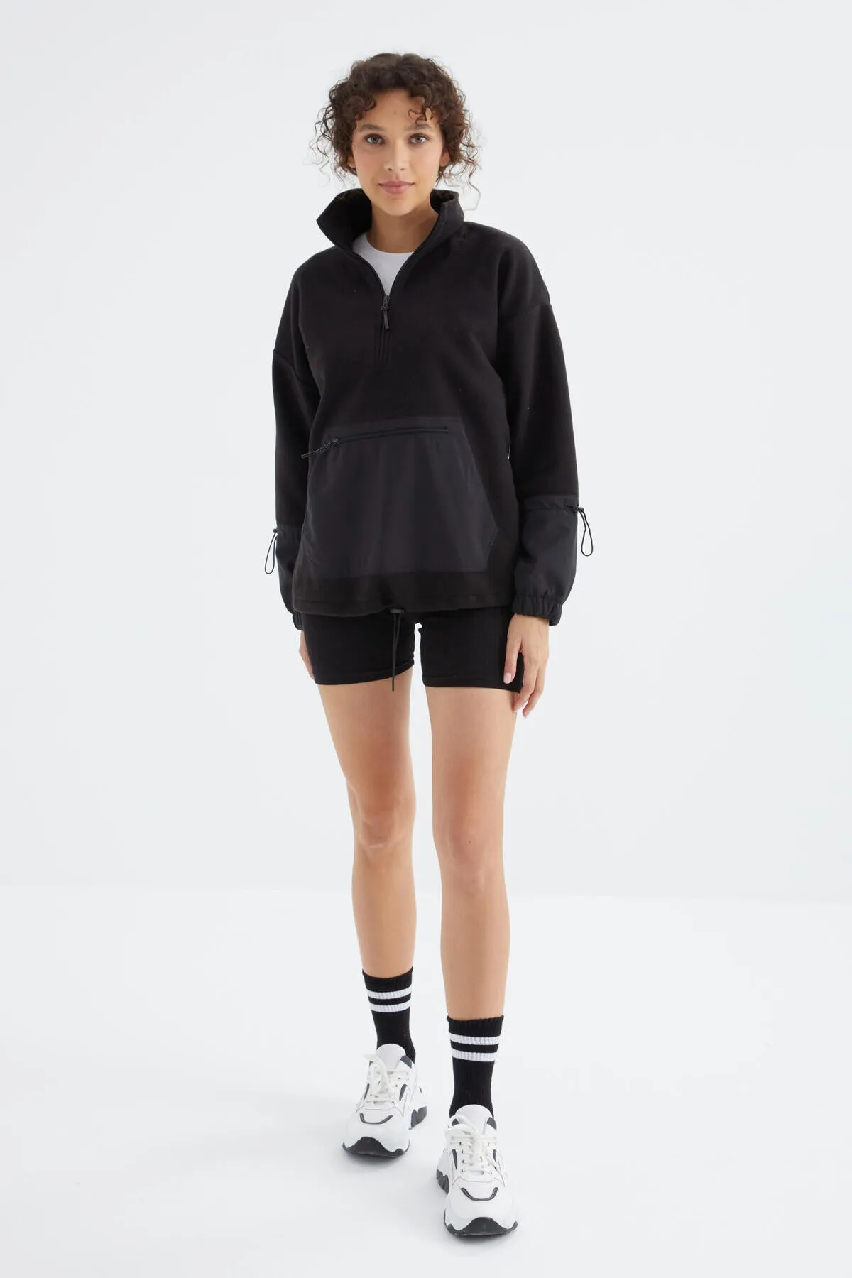 etek ucu büzgülü yarim fermuarli oversize kadin polar sweatshirt - 97238