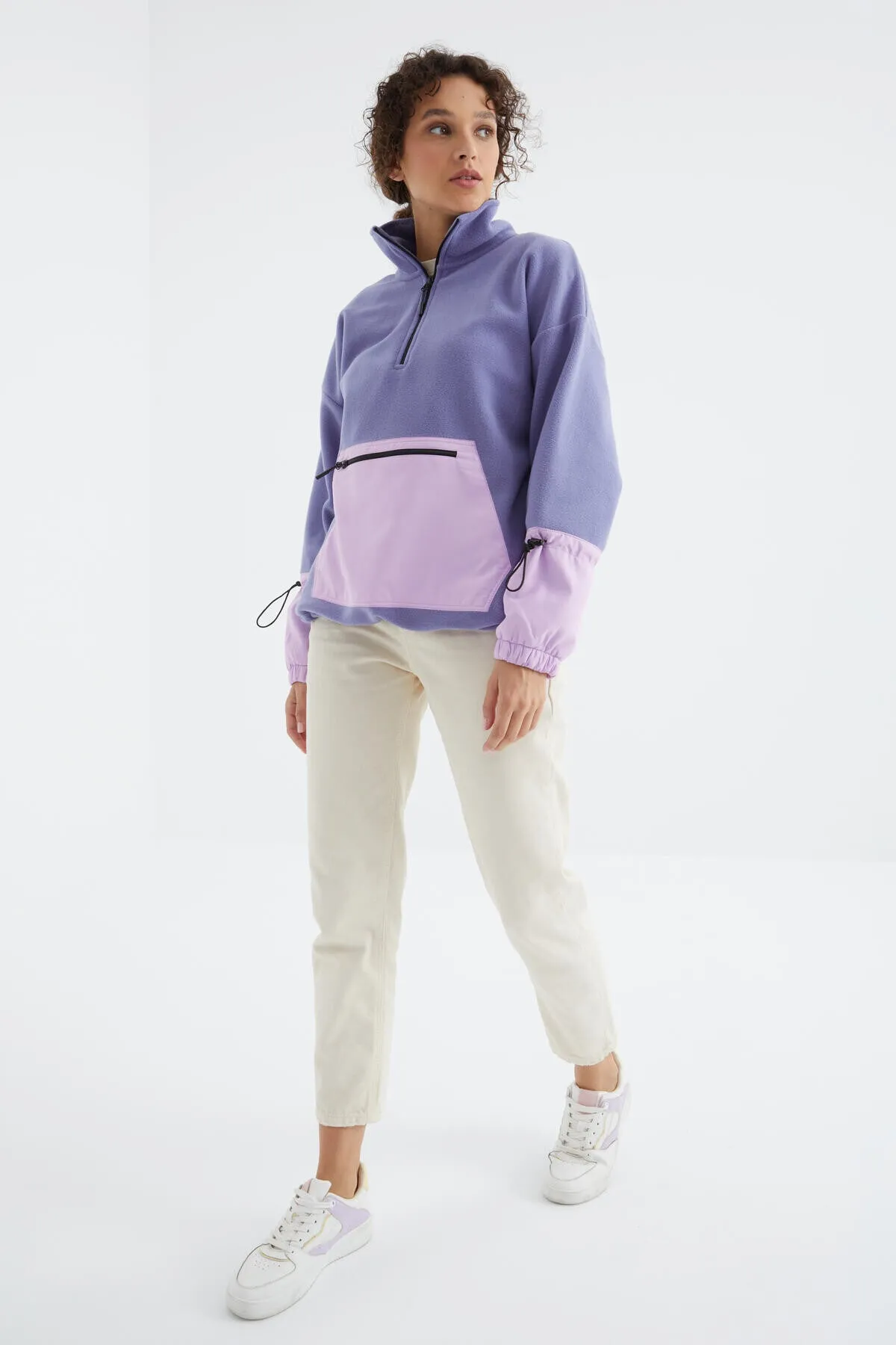 etek ucu büzgülü yarim fermuarli oversize kadin polar sweatshirt - 97238