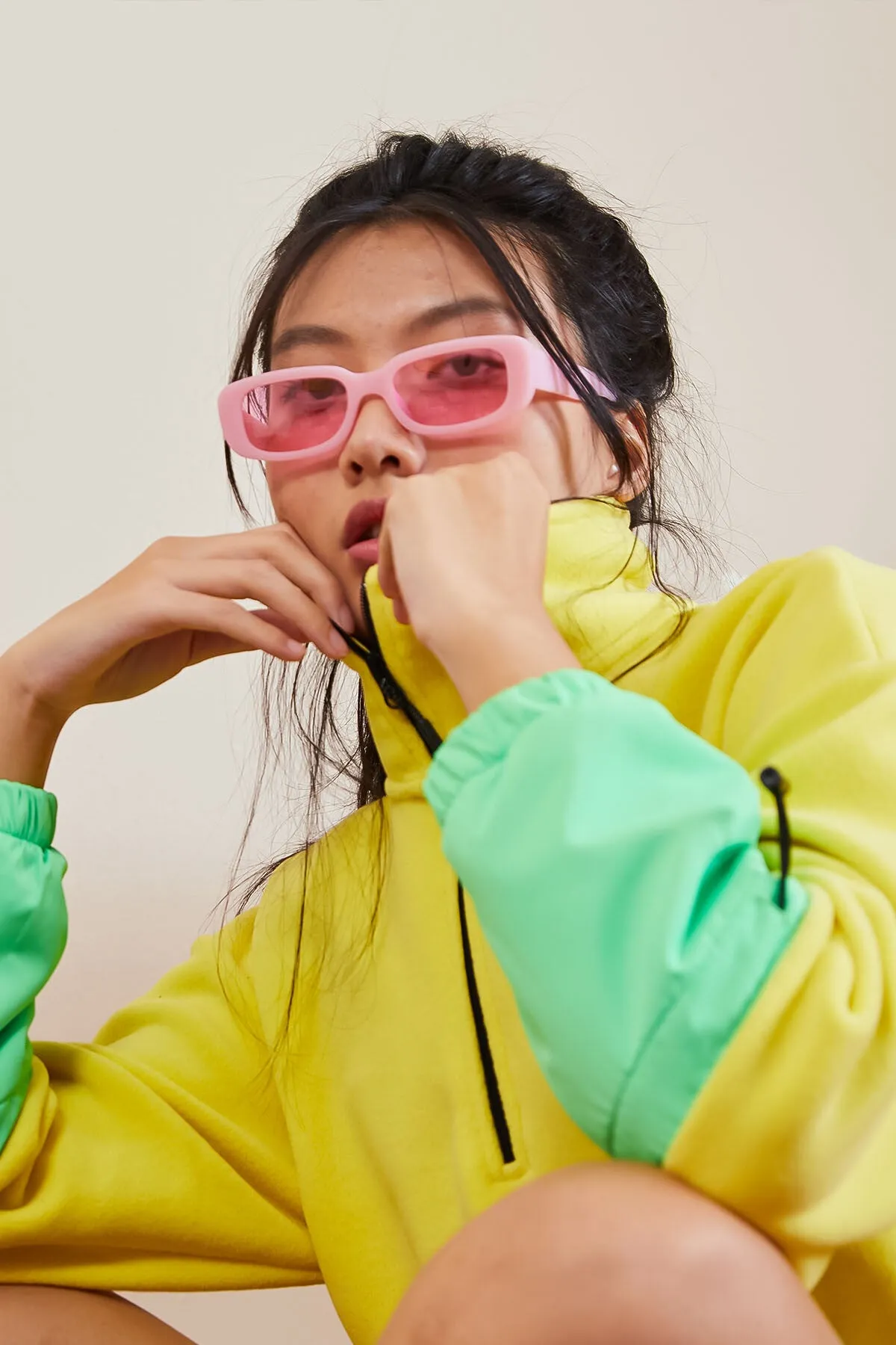 etek ucu büzgülü yarim fermuarli oversize kadin polar sweatshirt - 97238