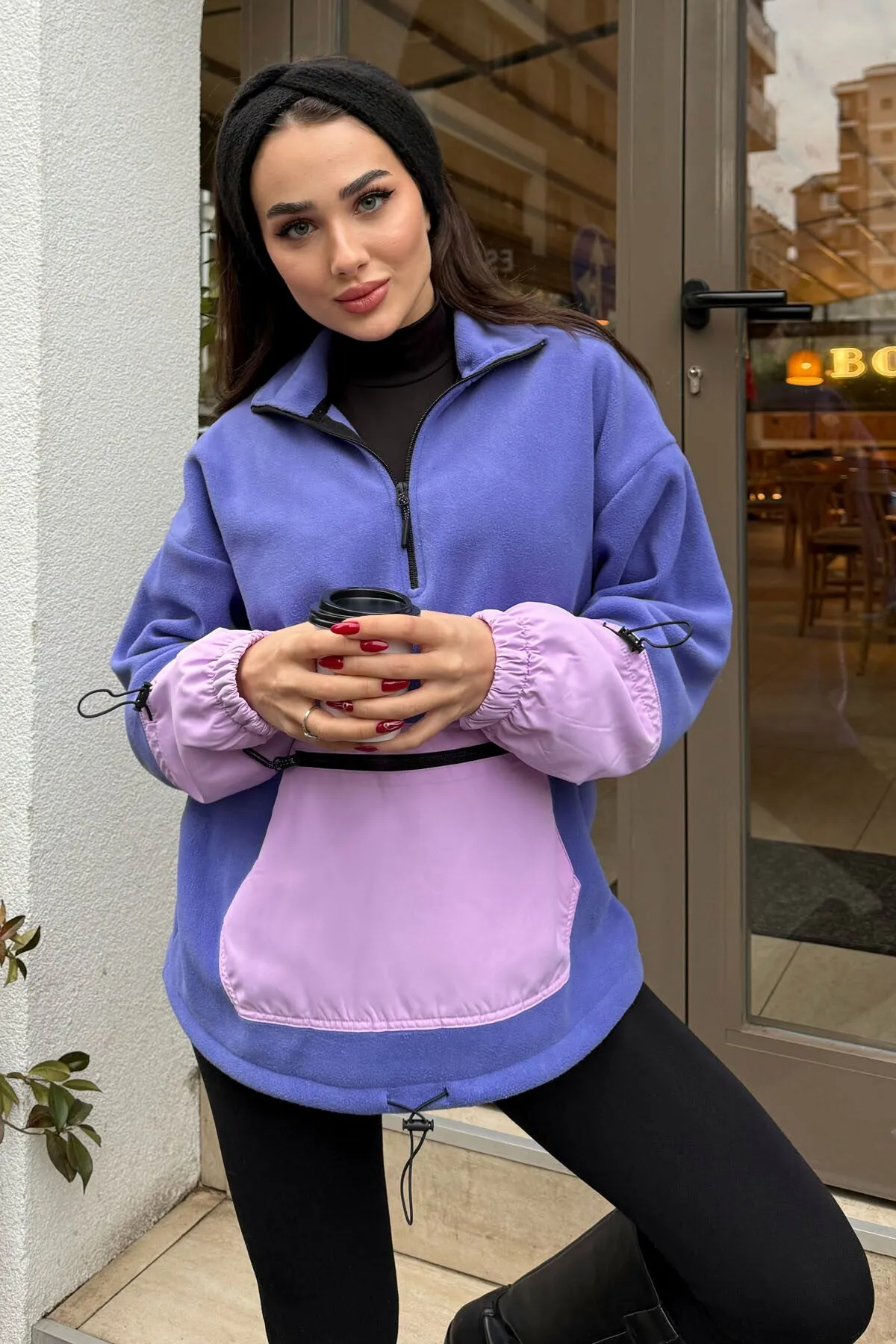 etek ucu büzgülü yarim fermuarli oversize kadin polar sweatshirt - 97238