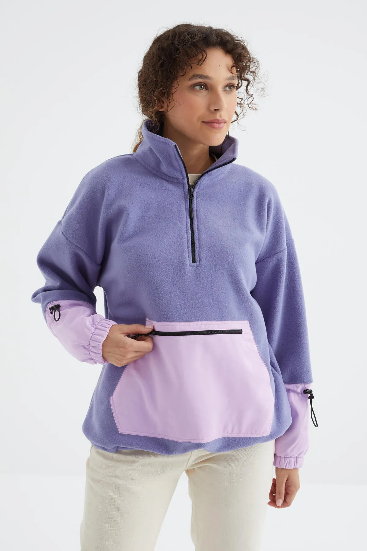 etek ucu büzgülü yarim fermuarli oversize kadin polar sweatshirt - 97238