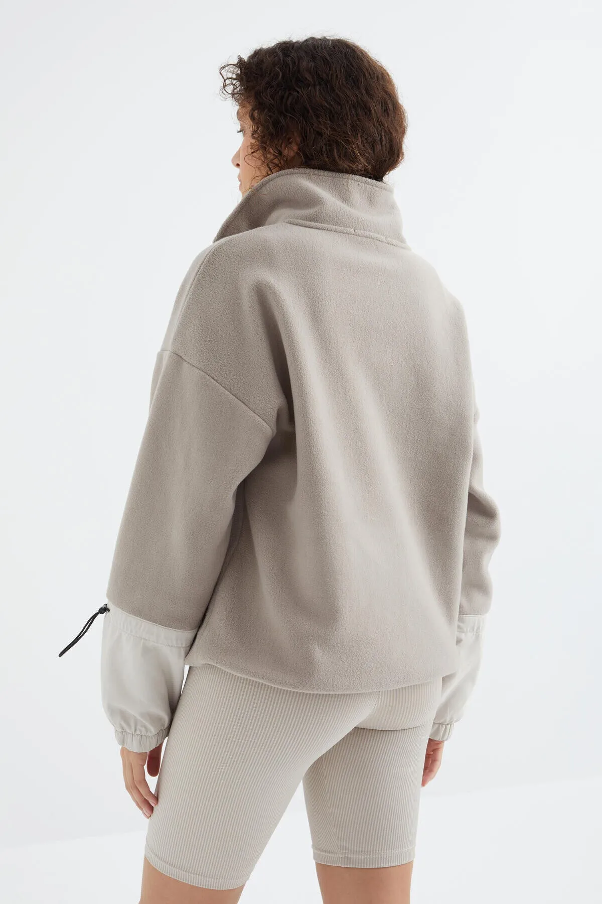 etek ucu büzgülü yarim fermuarli oversize kadin polar sweatshirt - 97238