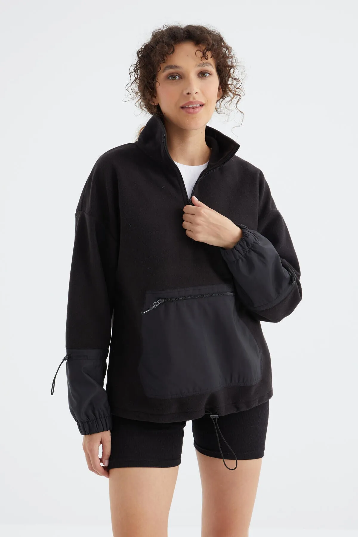 etek ucu büzgülü yarim fermuarli oversize kadin polar sweatshirt - 97238