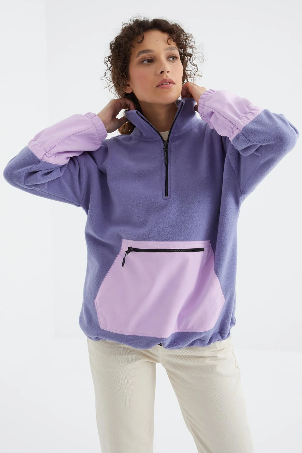 etek ucu büzgülü yarim fermuarli oversize kadin polar sweatshirt - 97238