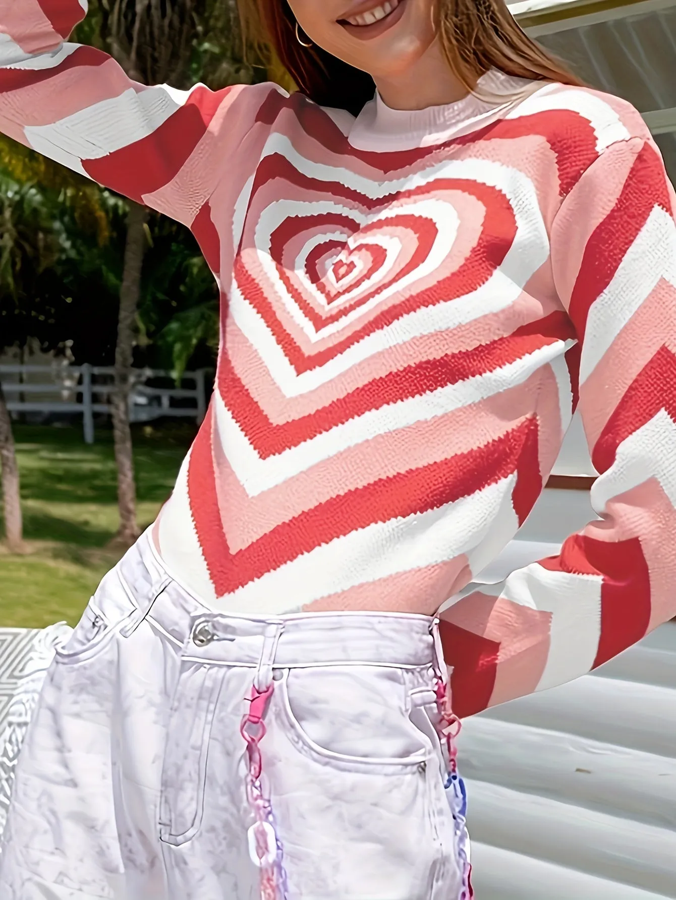 Fashion Color Heart Pattern Knitted Cute Pull Over Sweater