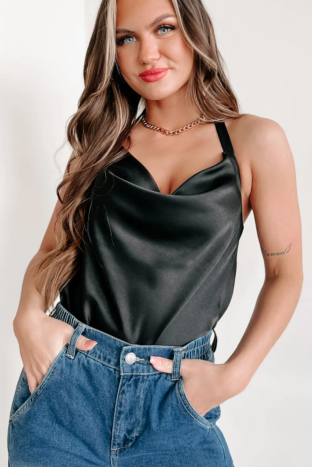 Forever Chic Halter Cowl Neck Bodysuit (Black)