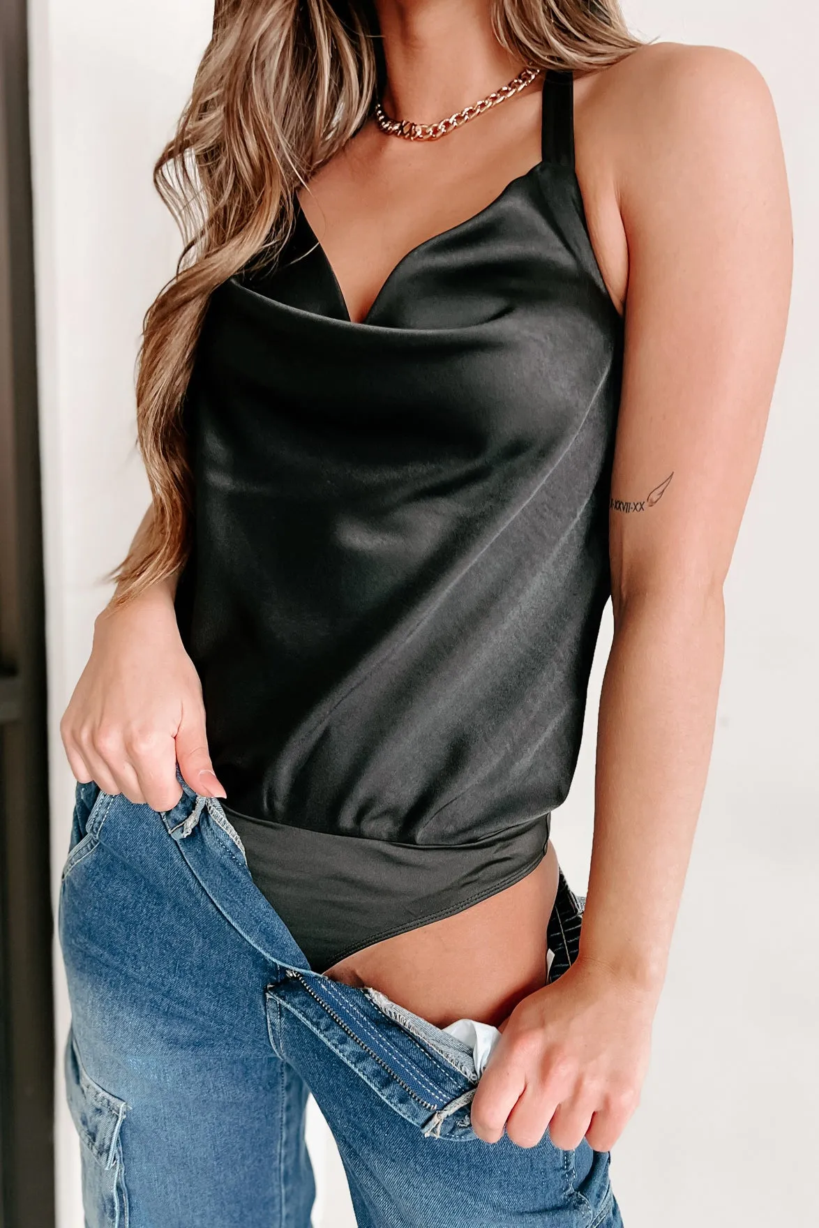 Forever Chic Halter Cowl Neck Bodysuit (Black)