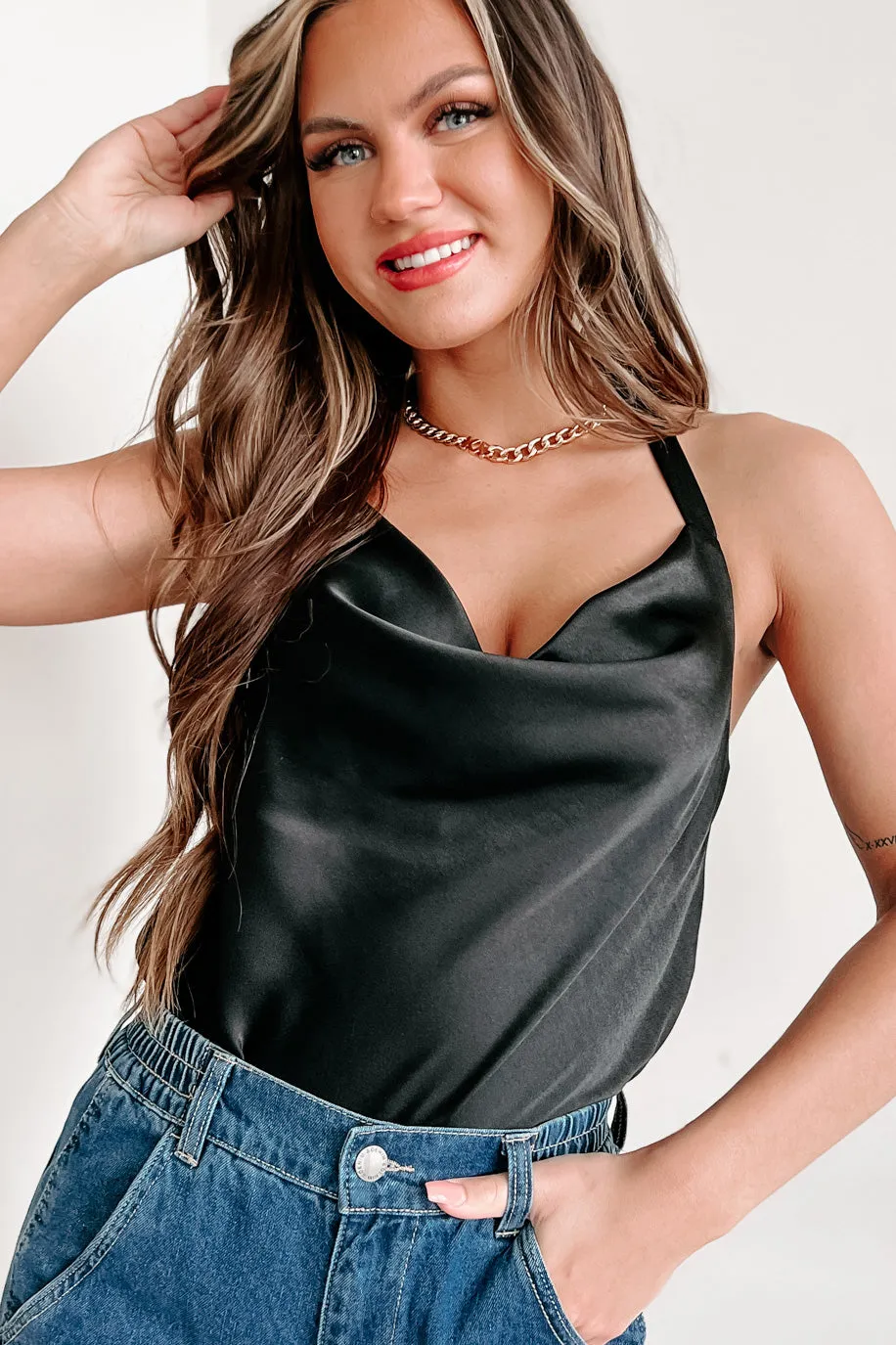 Forever Chic Halter Cowl Neck Bodysuit (Black)