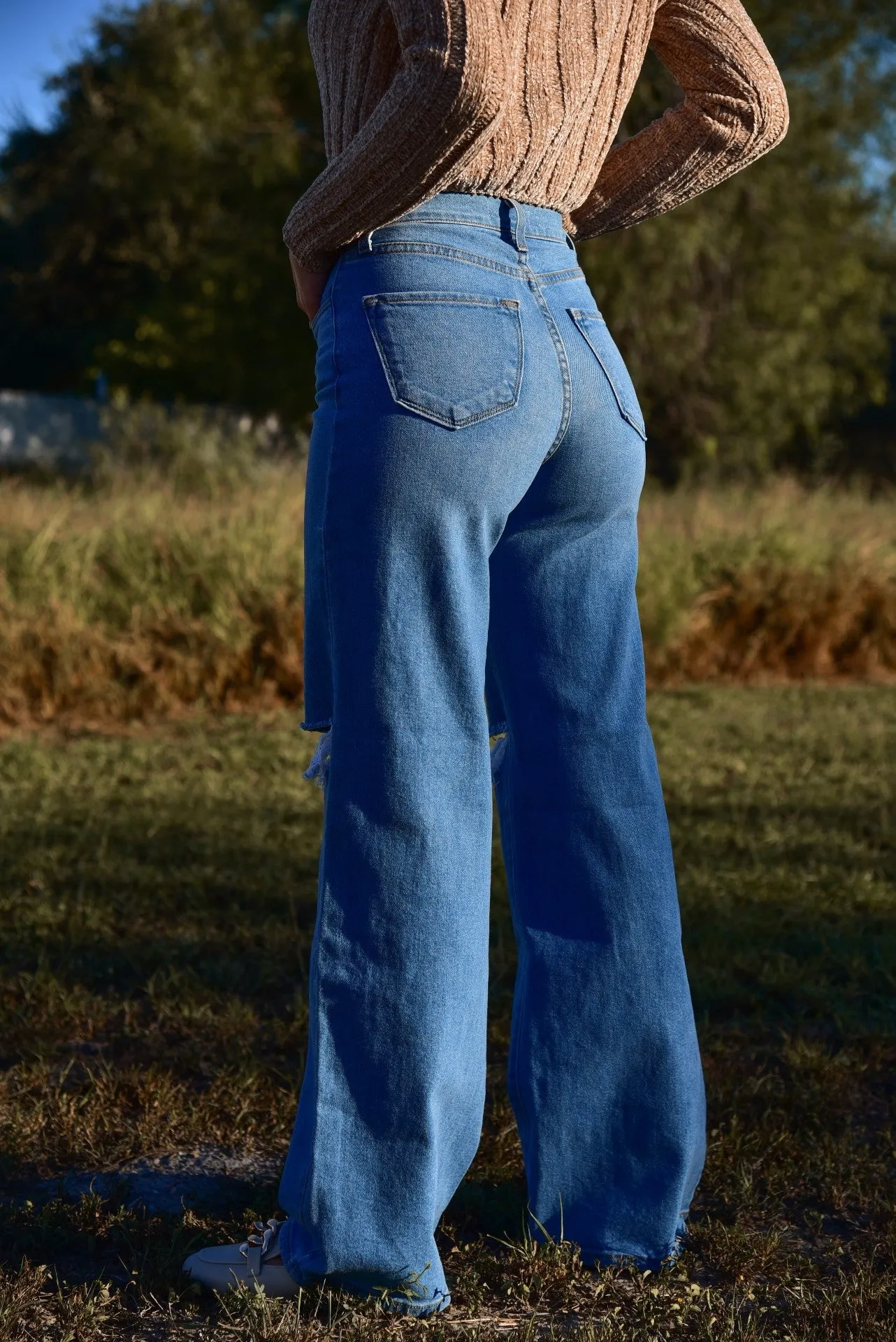 Jeans Distressed Wide Leg Medium Stone