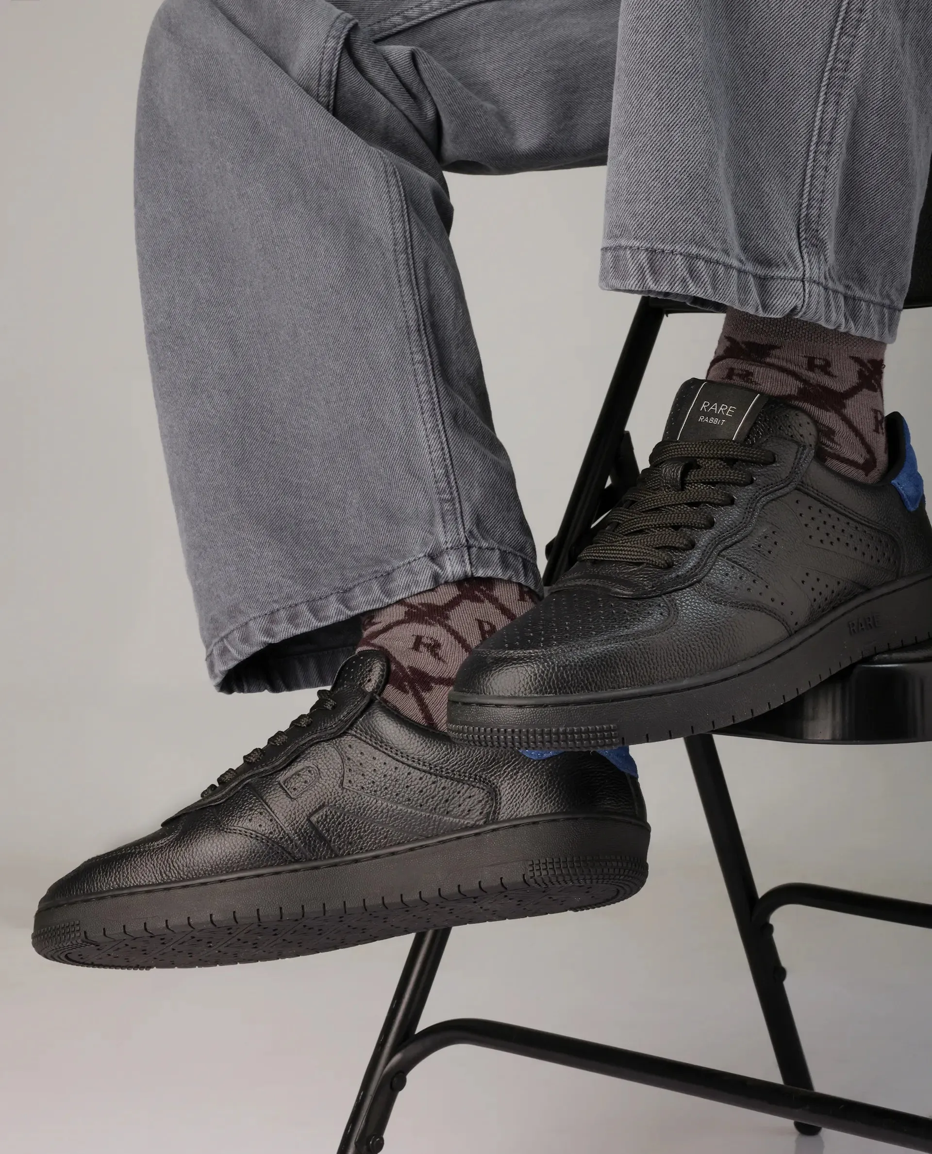 Rare Rabbit Men's Orbiton Black Milled Leather Perforated Details Low-Top Lace-Up Monotone Sneaker Shoes