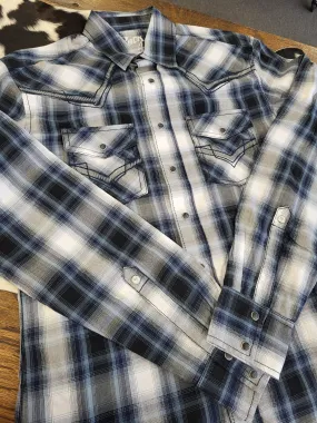 ROCK 47 MENS LS BUTTON UP SHIRT (BLUE/BLACK PLAID)