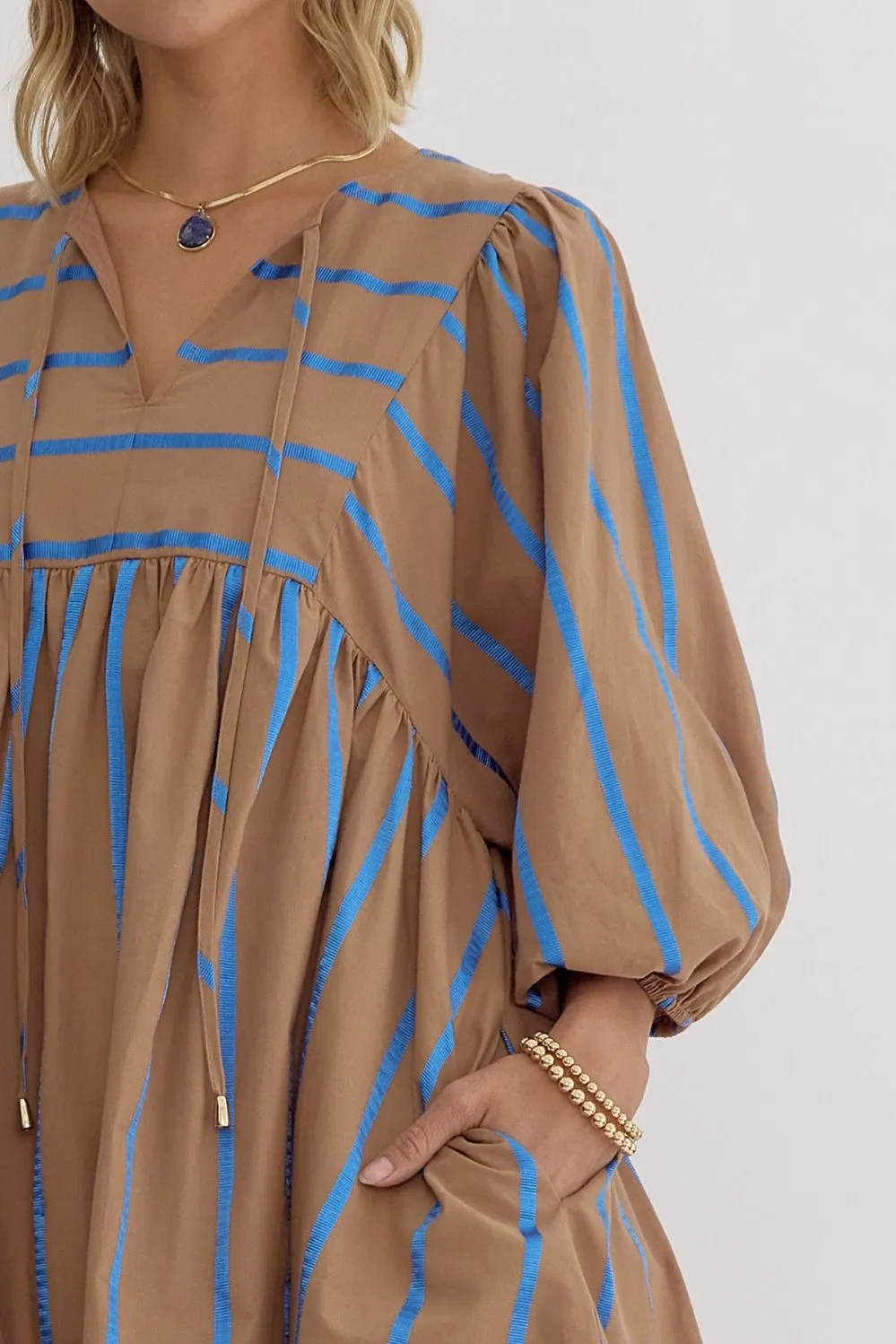 Rory Flowy Blue Striped Dress in Mocha