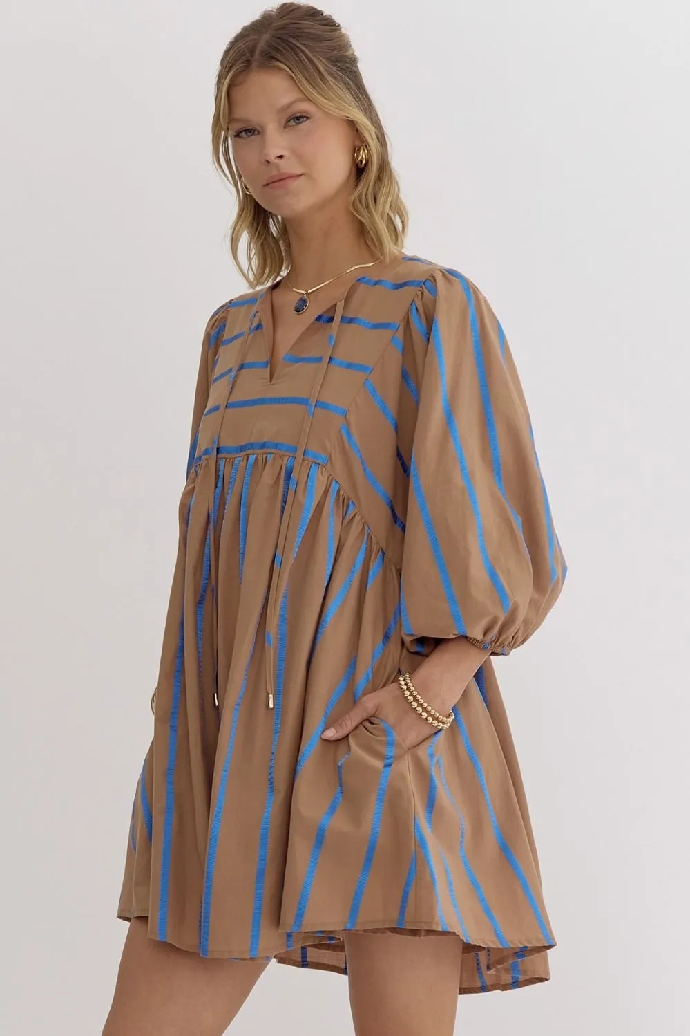 Rory Flowy Blue Striped Dress in Mocha