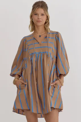 Rory Flowy Blue Striped Dress in Mocha
