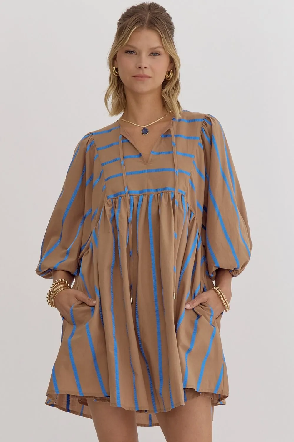 Rory Flowy Blue Striped Dress in Mocha