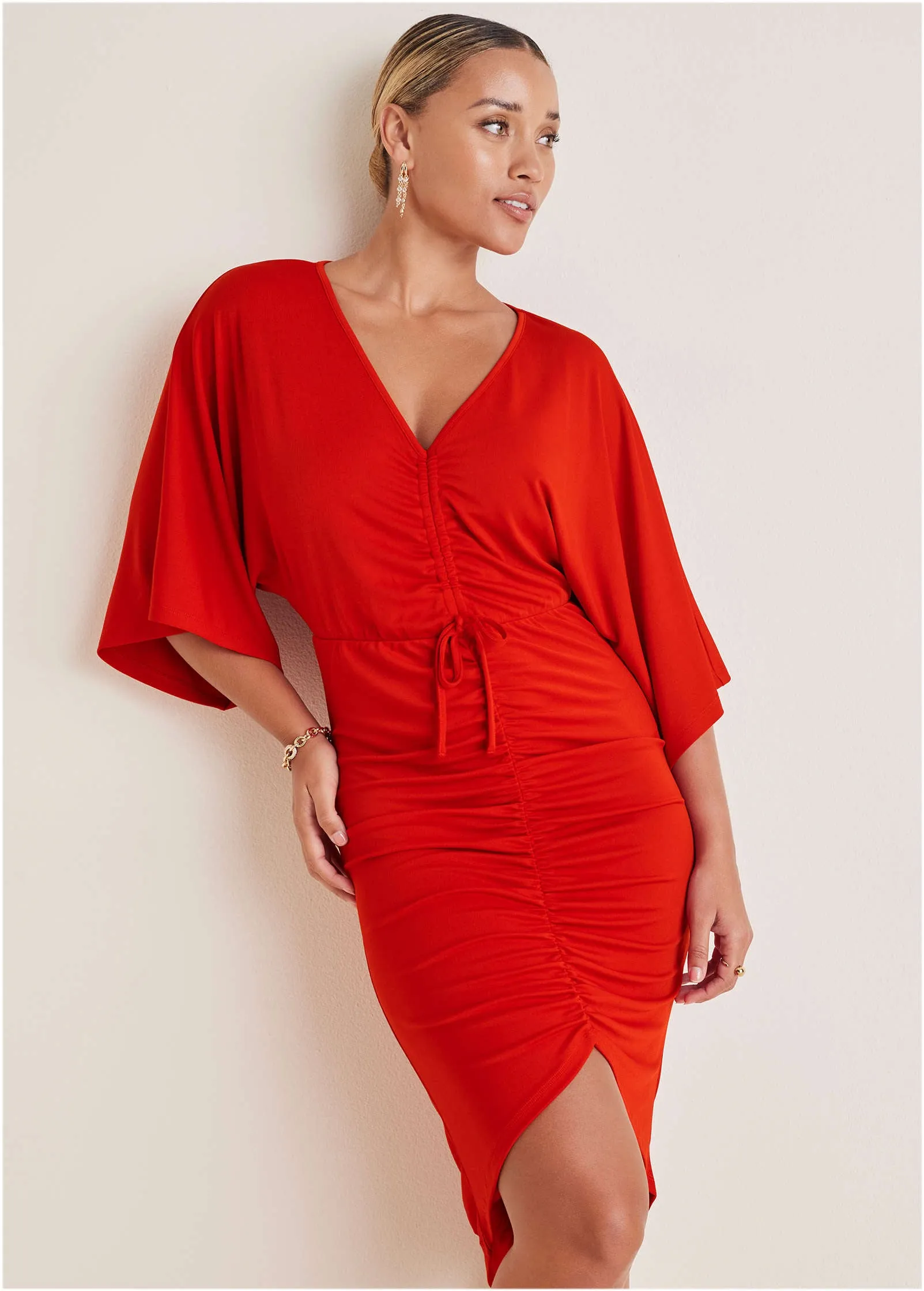 Ruched High-Low Dress - Goji Berry