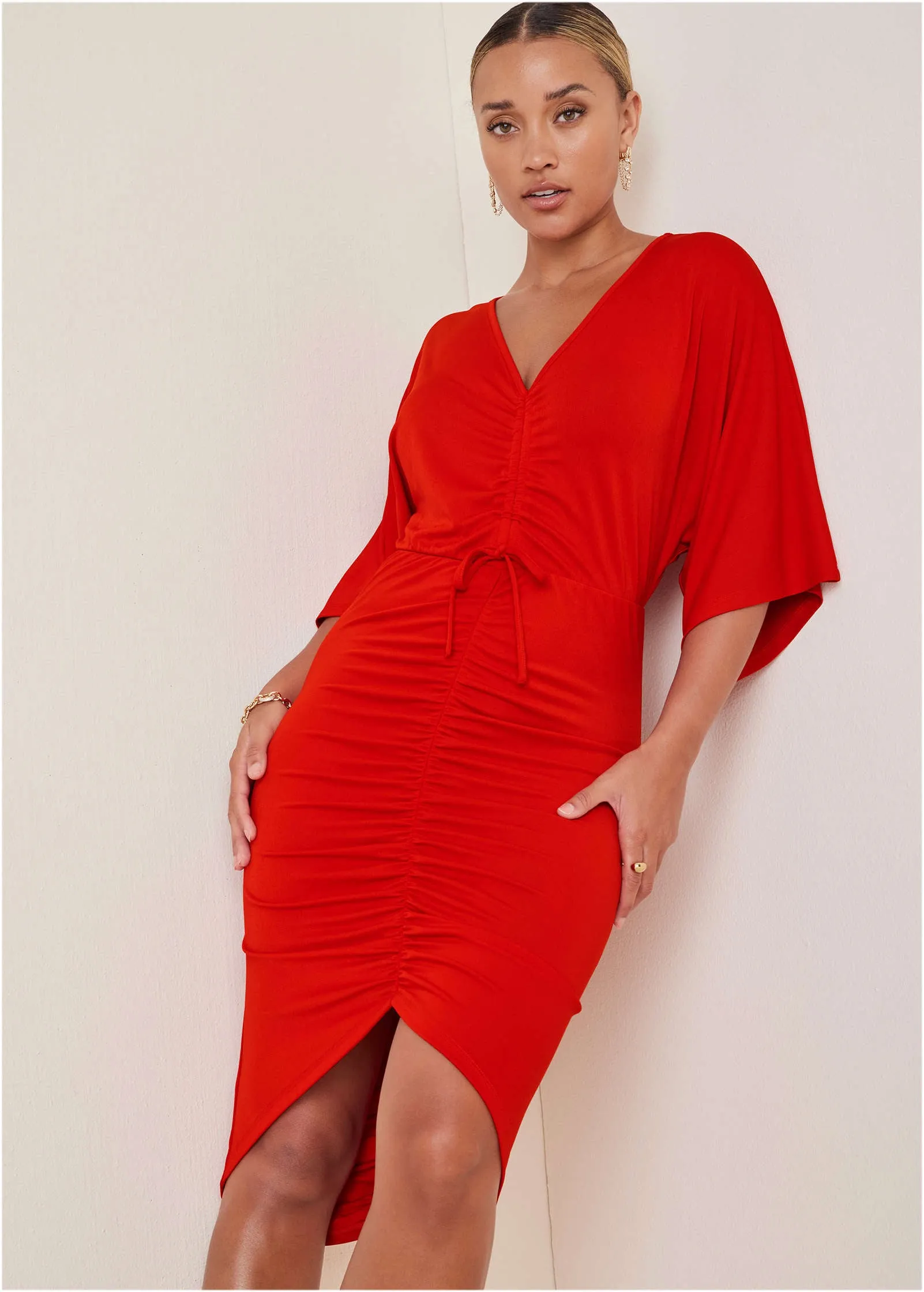 Ruched High-Low Dress - Goji Berry